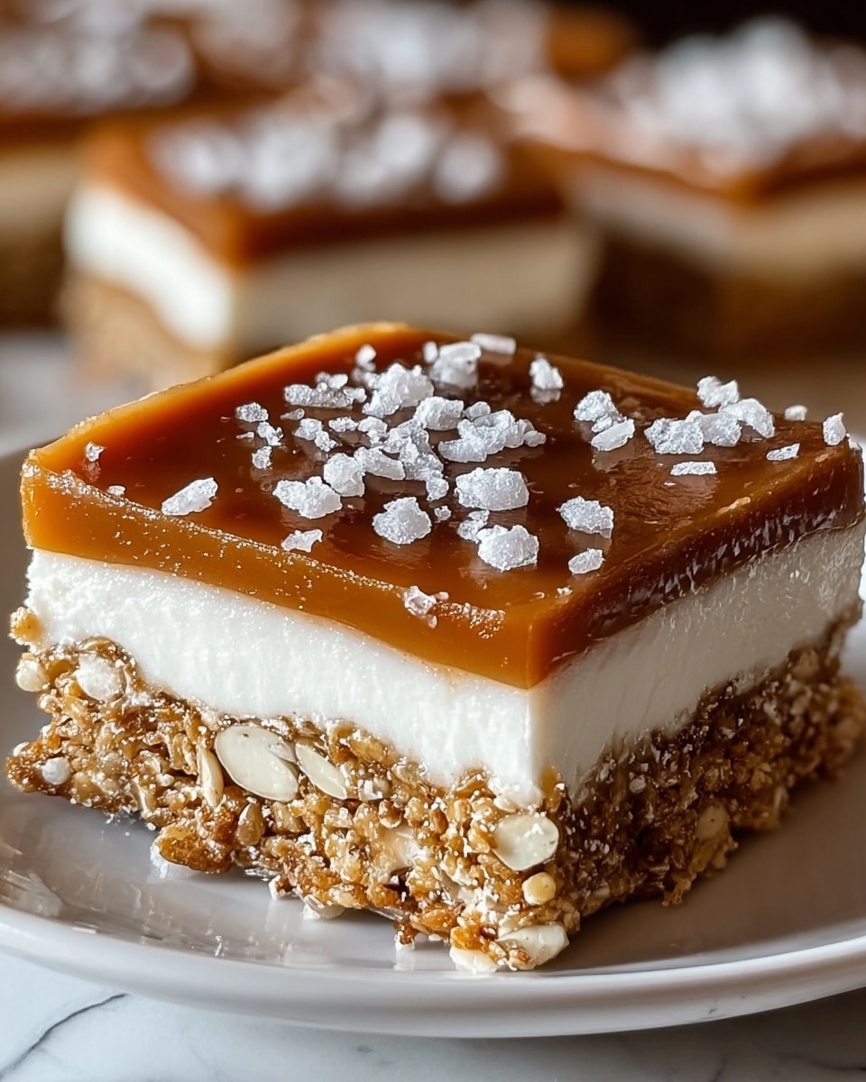 A square dessert bar with three clear layers sits on a white plate with thin gold lines on the edge. The bottom layer is crumbly and light brown, looking like crushed cookies. The middle layer is thick, smooth, and caramel-colored. The top layer is a fluffy, white cream, covered by a shiny caramel glaze that drips slightly over the sides. On top of the caramel glaze, a small pretzel with a smooth, golden-brown surface is placed in the middle, sprinkled with coarse white salt crystals. The background shows other similar dessert bars blurred softly on a white marbled surface. photo taken with an iphone --ar 4:5 --v 7