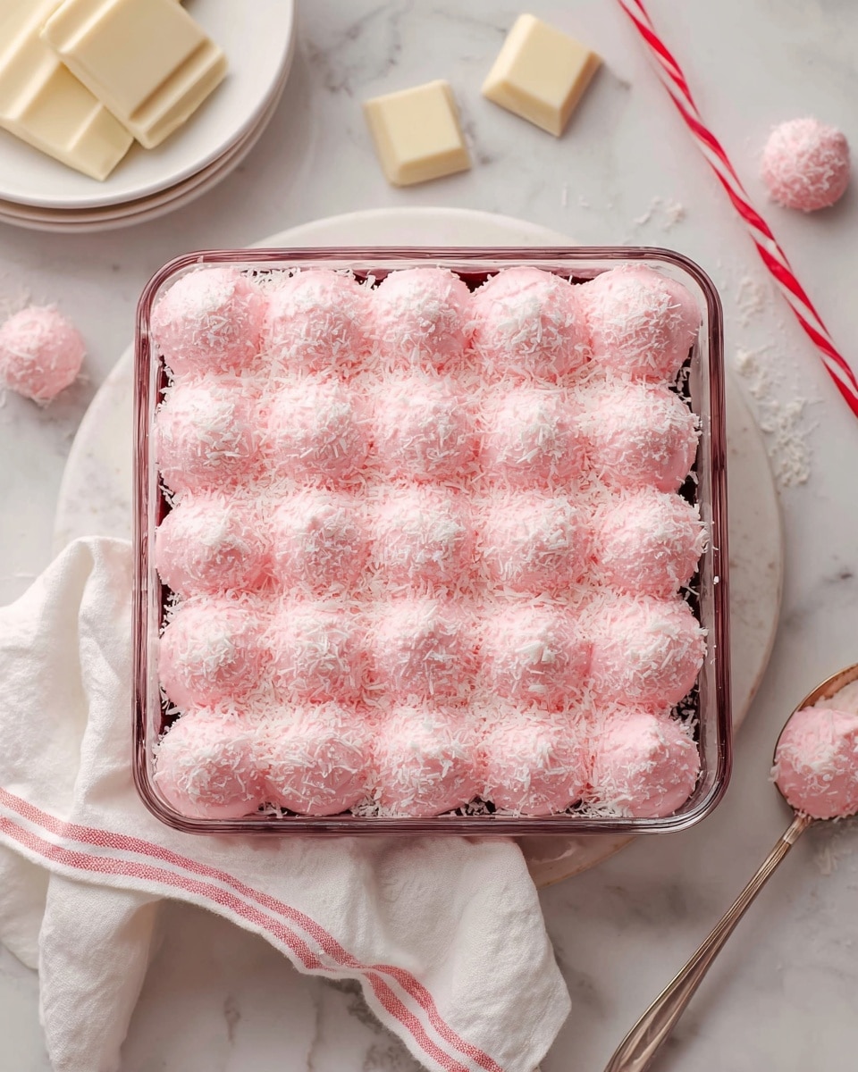 A square clear glass dish filled with a dessert that has two layers. The bottom layer is hidden but supports a top layer of fluffy, pink dollops of cream arranged tightly in rows, covering the entire surface. The pink cream has a soft, smooth texture and looks light and airy. Each dollop is sprinkled with fine white flakes, giving a snowy effect over the pink cream. The dish is placed on a white marbled surface, surrounded by a piece of white cloth, two pieces of pale yellow chocolate, a red and white striped straw, and a spoon with a happy face drawn on it. A woman's hand lightly holds the edge of the cloth. photo taken with an iphone --ar 4:5 --v 7