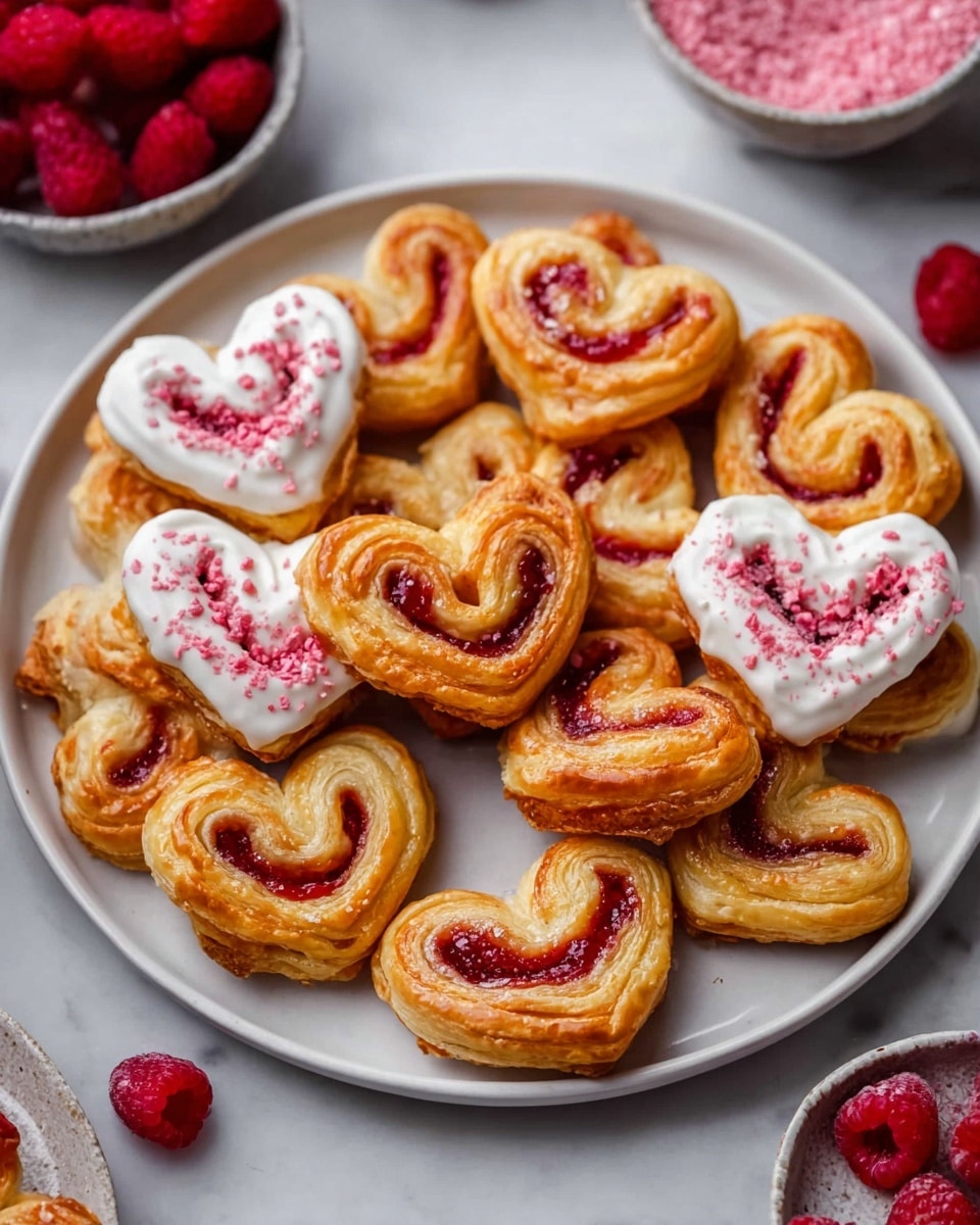 A white plate filled with heart-shaped puff pastries that are golden brown and flaky, each pastry has a red jam swirl inside forming the heart shape. Some of the pastries are dipped halfway in smooth white icing and sprinkled with small bright red crumbs on top. The plate sits on a white marbled surface, with a few fresh raspberries scattered nearby and hint of bowls containing more raspberries and a pink powder in the background. Photo taken with an iphone --ar 4:5 --v 7