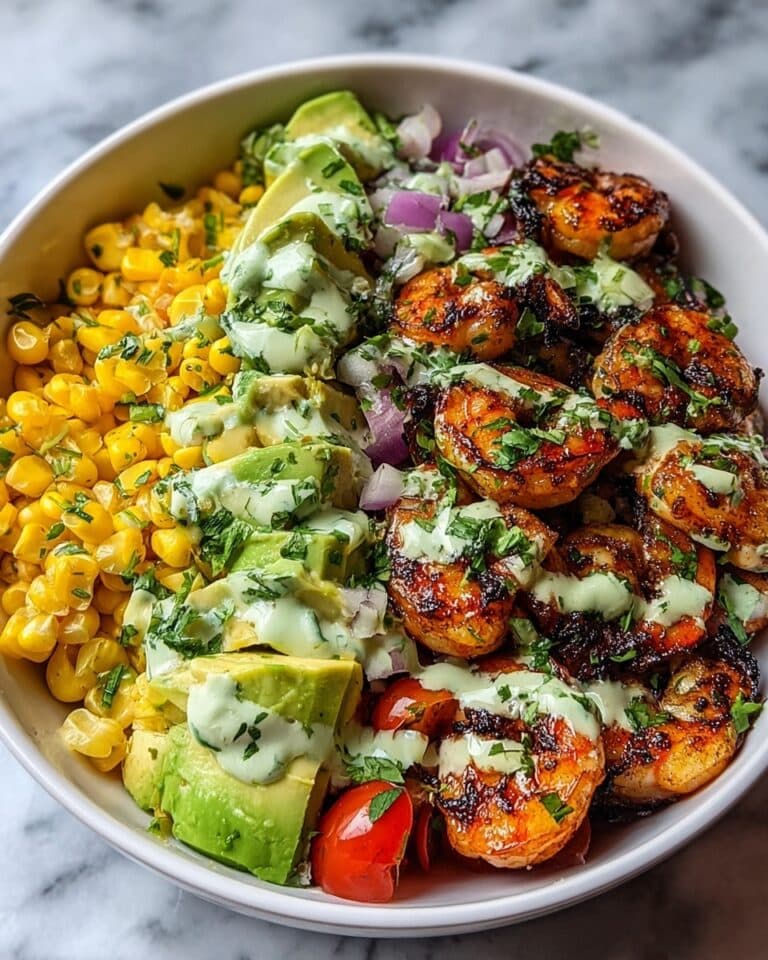 Grilled Shrimp Bowl with Avocado, Corn Salsa & Creamy Garlic Sauce Recipe