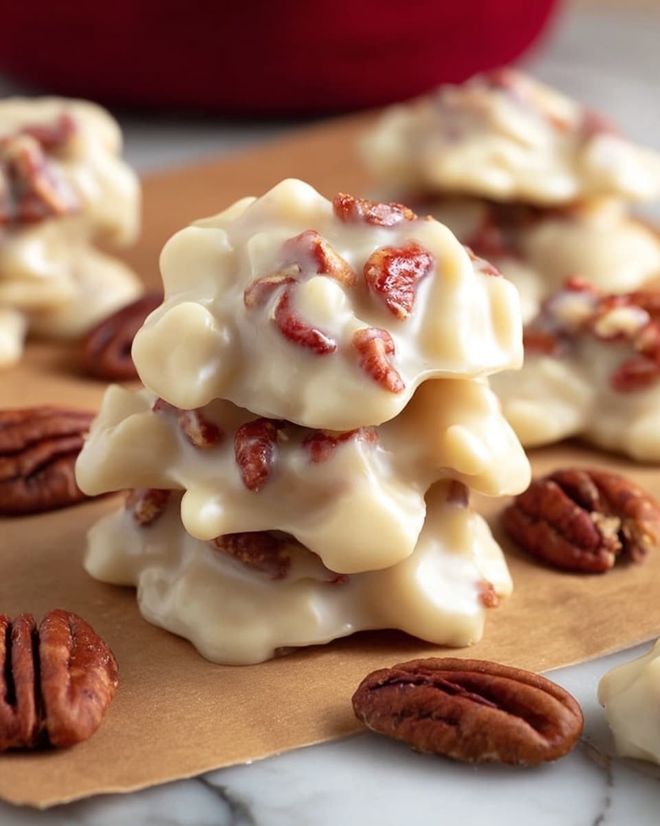 A close-up view shows multiple round treats with a scalloped edge, each made of a smooth, creamy white layer that holds pieces of golden-brown nuts embedded throughout. The treats are piled together, with the creamy layer forming a slightly shiny, thick coating that envelopes the nuts, giving a firm but soft look. The nuts inside add texture and small bursts of brown color, contrasting with the smooth white coating. The background is white marbled texture. photo taken with an iphone --ar 4:5 --v 7