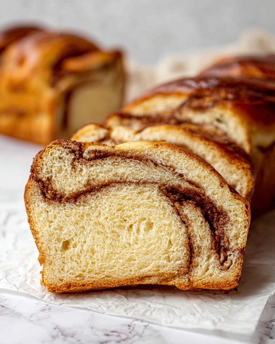 The image shows a close-up of a sliced loaf of cinnamon swirl bread on a white marbled surface. The bread has two main layers: a soft, light golden brown dough and a dark brown cinnamon swirl running through the center, creating a spiral pattern inside the slice. The crust is a shiny, darker brown with a slightly crisp texture. In the background, an uncut loaf of the same bread is slightly blurred. Photo taken with an iphone --ar 4:5 --v 7