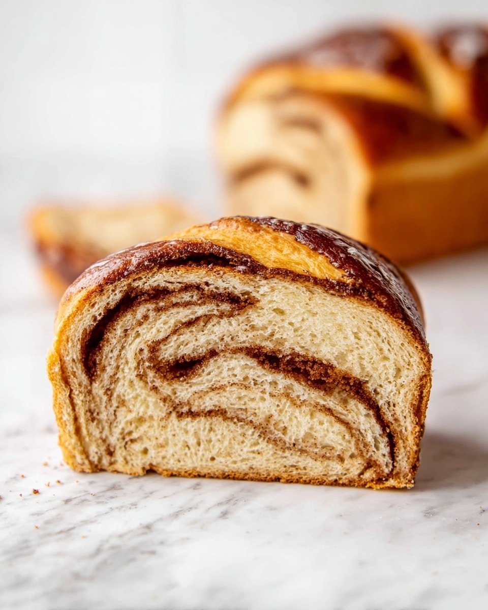 A close-up of a soft, fluffy cinnamon swirl bread slice resting on a white marbled surface. The bread has a light golden crust on the edges with a slightly darker cinnamon swirl visible throughout the softer, light yellow interior. Behind the slice, there is a larger chunk of the same bread showing multiple spiral layers of light dough and cinnamon filling. The texture of the bread looks airy with a slight crumb at the torn edge, showing the softness inside. photo taken with an iphone --ar 4:5 --v 7