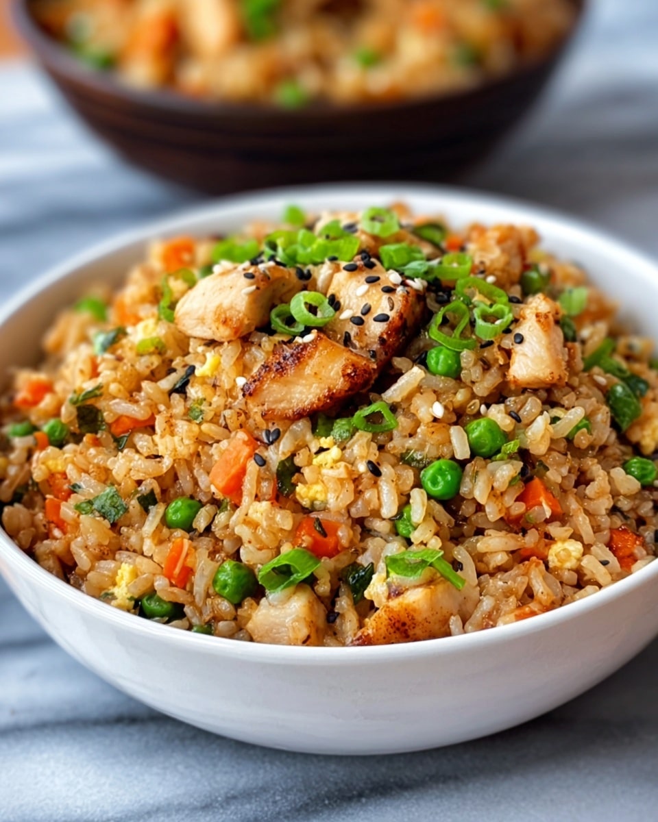 A close-up view of a white bowl filled with fried rice, showing multiple layers including golden-brown cooked rice mixed with small green peas and bright orange carrot pieces evenly spread throughout. There are chunks of light brown cooked chicken on top along with some green onions finely sliced and black sesame seeds scattered over the dish, adding texture and color contrast. The bowl sits on a white marbled surface, and the image focuses on the dish with a slightly blurred background showing parts of another bowl of the same food. Photo taken with an iphone --ar 4:5 --v 7