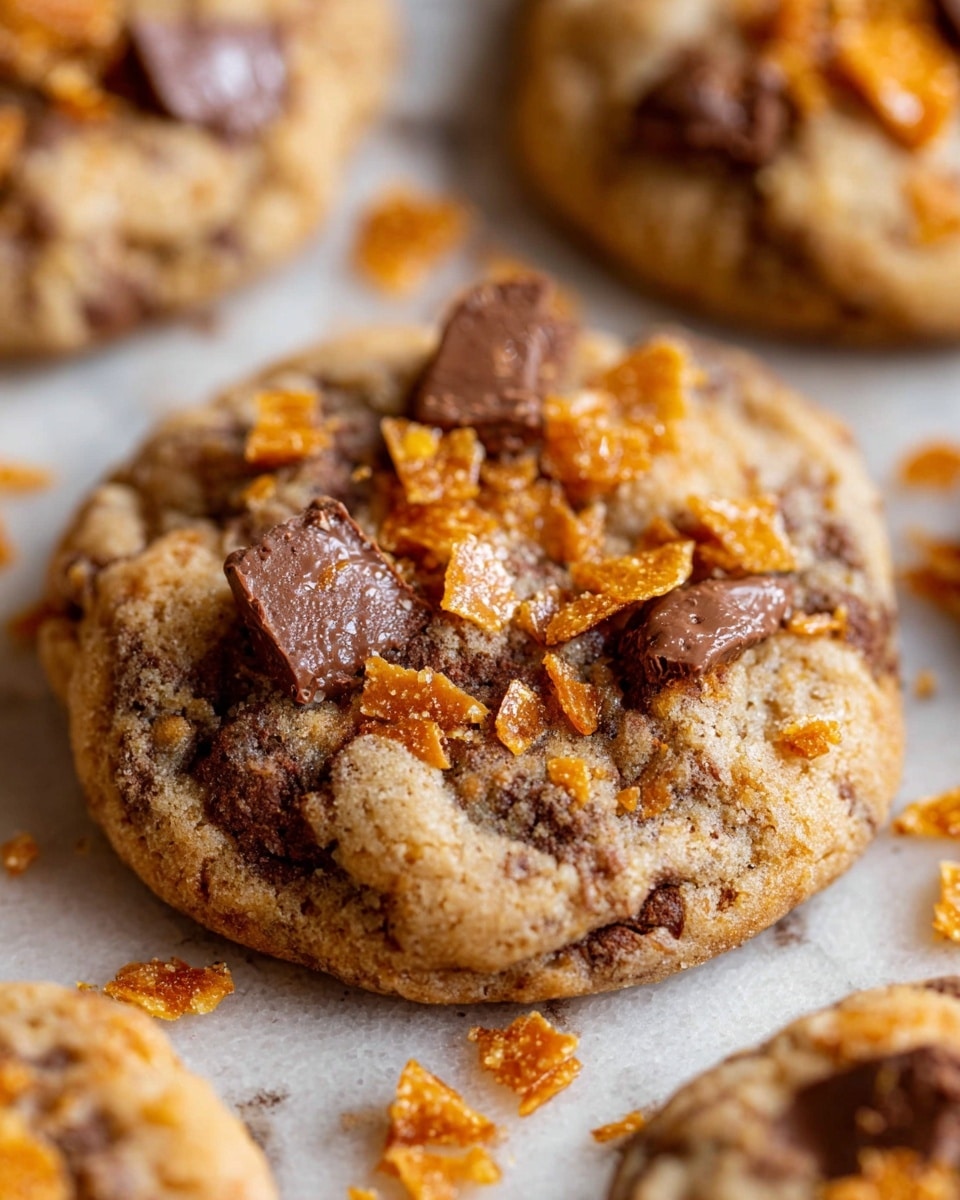 A baking tray holds about twelve round cookies with a soft, slightly crumbled texture. Each cookie is light brown with darker brown melted chocolate chunks inside and topped with orange-brown crunchy pieces scattered on top and around the cookies on the parchment paper lining the tray. One cookie near the front has a bite taken out, showing the soft inside mixed with chocolate and crunchy bits. The background is a white marbled texture. Photo taken with an iphone --ar 4:5 --v 7