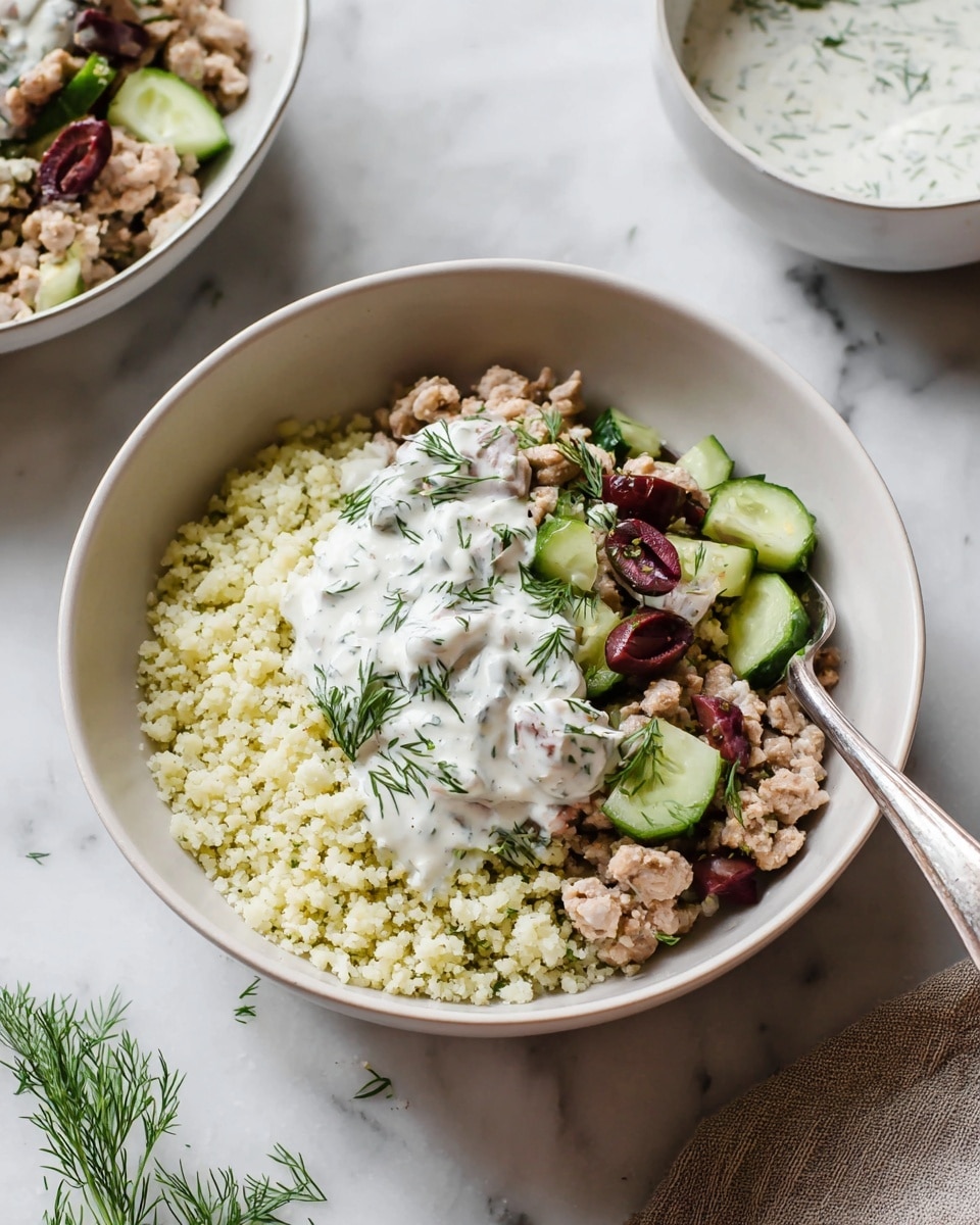 The dish has three main layers in a white bowl: on the left side is a bed of light yellow cauliflower rice with a grainy texture, next to it on the right is a mixture of light brown cooked ground meat with small diced green cucumber pieces and slices of dark red olives, topped in the center with a creamy white sauce mixed with green dill herbs. A silver fork is on the right side inside the bowl. The bowl is placed on a white marbled surface with a small green dill sprig nearby. In the background, there is a white bowl with more creamy sauce and another bowl with the same meat mixture. photo taken with an iphone --ar 4:5 --v 7