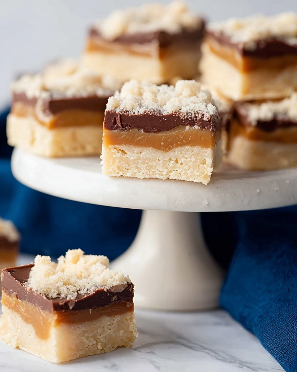 The image shows several square dessert bars stacked on a white plate on a white marbled surface. Each bar has three layers: the bottom layer is a light beige crumbly crust, the middle layer is a smooth caramel with a rich golden-brown color, and the top layer is a mix of milk chocolate and crumbly beige dough, scattered unevenly across the surface. The bars look thick, soft with a slightly crumbly texture on top, and some are stacked while others lie flat, showing their layers clearly. The background is softly blurred, keeping the focus on the dessert bars. Photo taken with an iphone --ar 4:5 --v 7