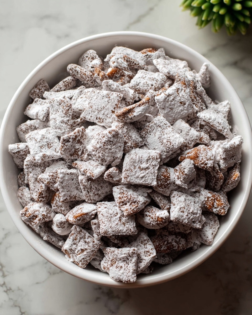 A white bowl filled with many small, irregular square pieces of cereal, each coated thickly in a white powdered sugar layer, creating a rough and grainy texture on the surface; the cereal underneath the powder is a darker brown color visible in some spots. The bowl sits on a white marbled surface. Photo taken with an iphone --ar 4:5 --v 7