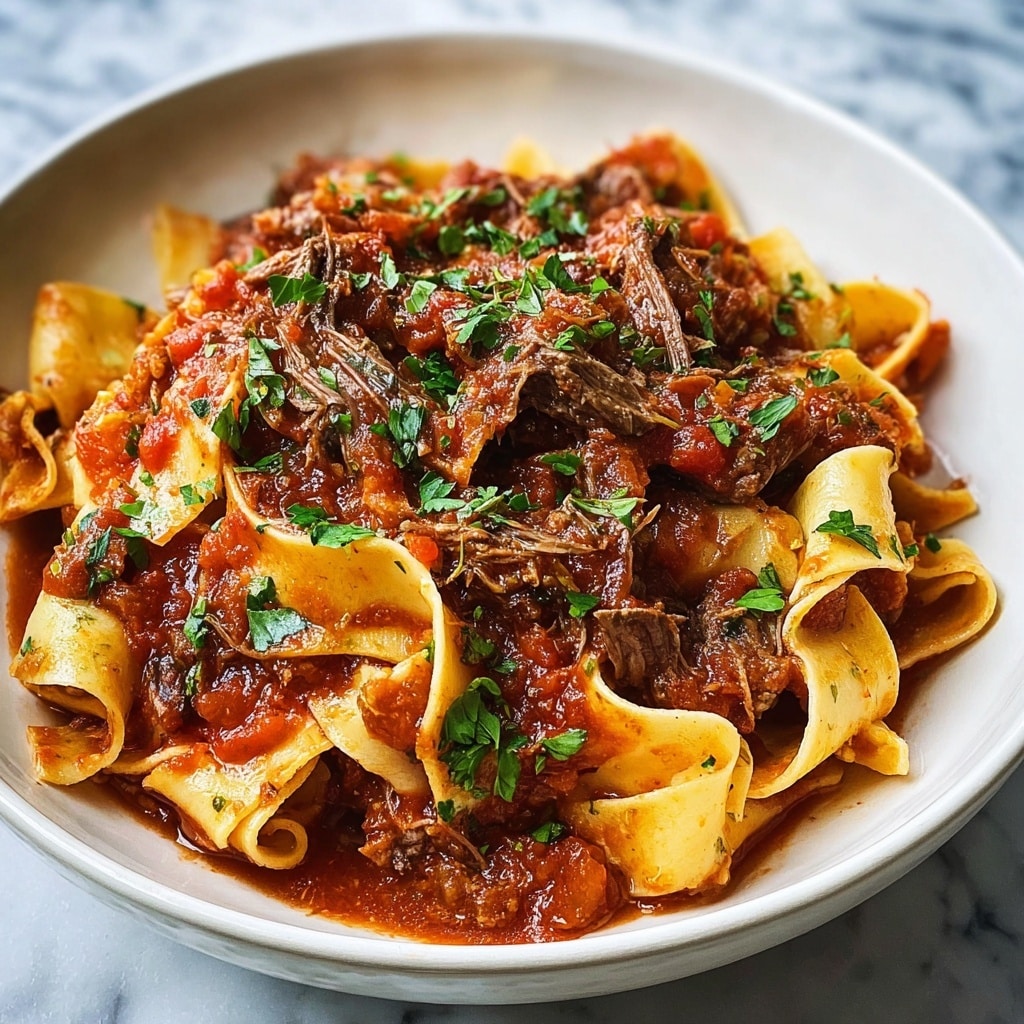 A white bowl filled with wide, flat pasta ribbons layered unevenly with thick, rich tomato sauce that has a chunky texture showing bits of cooked tomato. Generous chunks and shredded pieces of dark brown meat are mixed and set on top of the pasta. Finely chopped green herbs are sprinkled over the dish, adding a fresh contrast to the warm colors. The background is a soft, white marbled surface. photo taken with an iphone --v 7