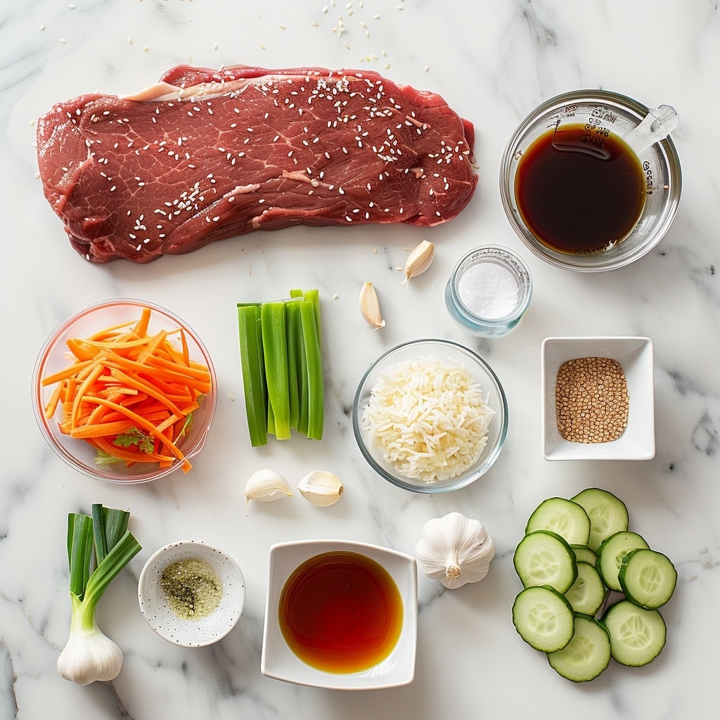 A close-up view of a black bowl filled with white rice at the bottom layer, topped with chunks of grilled steak that have dark char marks and a pink center visible in some pieces. An orange-red chunky sauce spreads unevenly over the steak on the left side. Creamy light orange sauce with specks covers parts of the right side of the steak, and bright green chopped scallions are scattered on top. The bowl sits on a white marbled surface. photo taken with an iphone --v 7