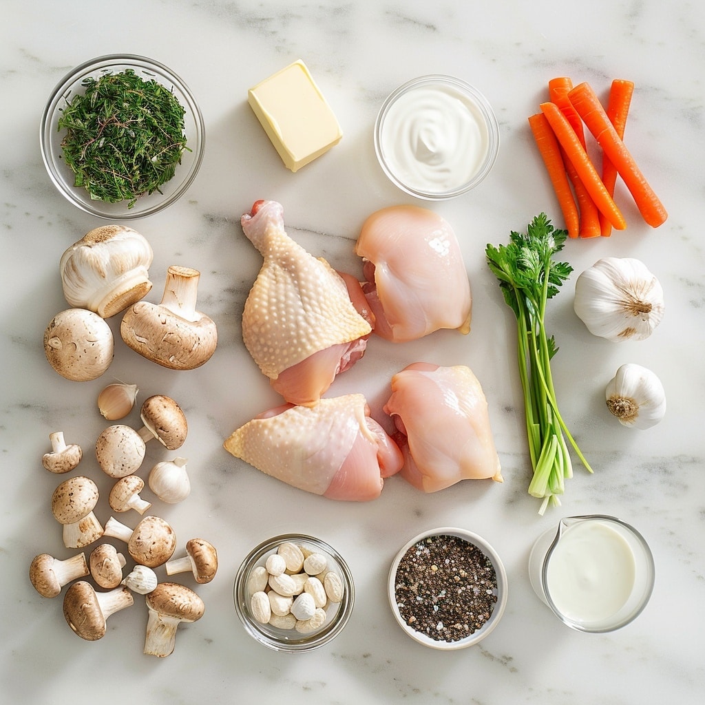 A close-up of a creamy soup inside a light pink pot with an off-white inside, filled with shredded light brown chicken pieces and slices of cooked mushrooms, some browned on top. The soup base is a warm, orange cream with some small chunks of orange carrot and bits of green herbs sprinkled across the surface. A silver ladle rests inside the pot, submerged in the thick soup. The pot is placed on a white marbled surface. photo taken with an iphone --v 7