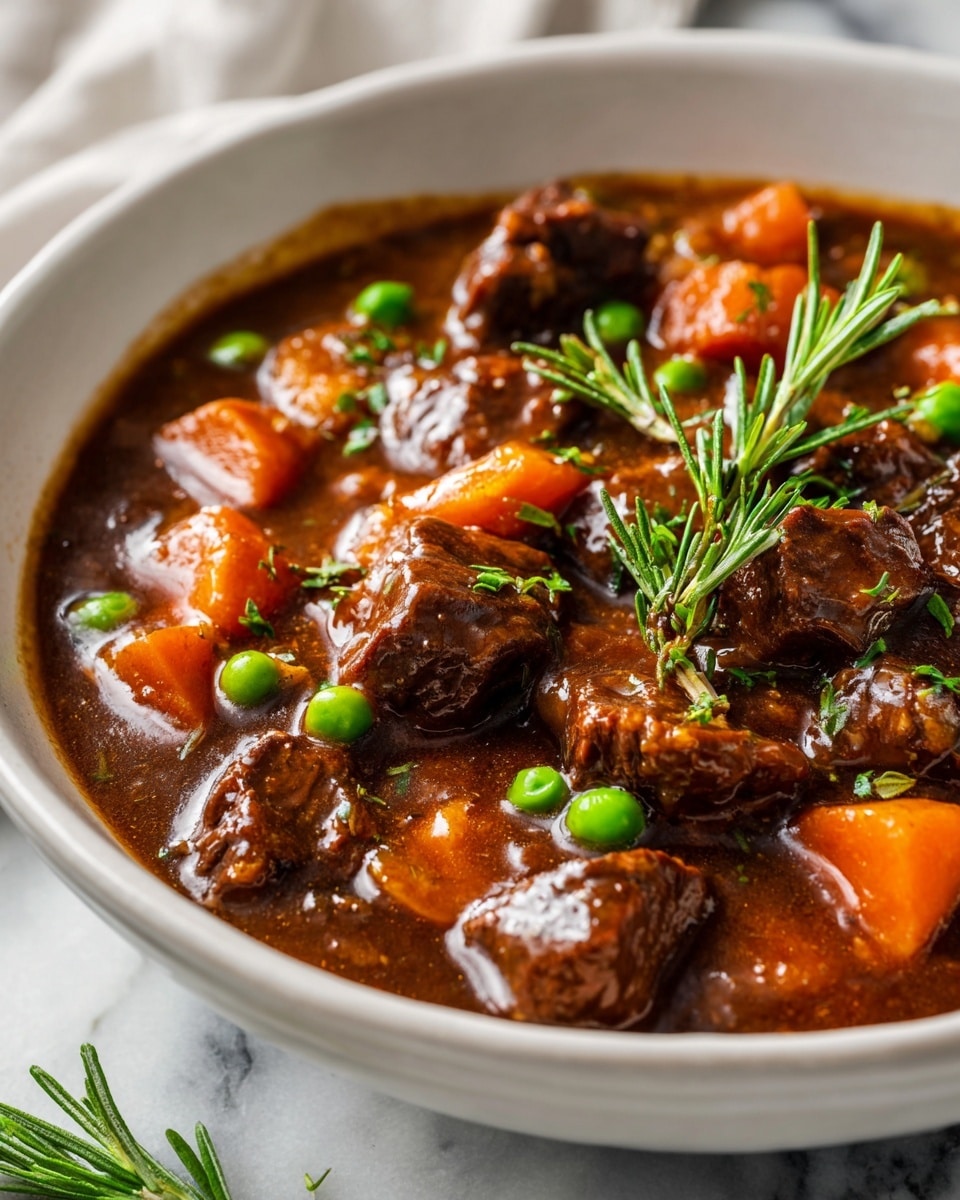 Large white bowl filled with a hearty homemade beef stew featuring tender chunks of beef, whole baby carrots, and bright green peas in a rich brown gravy, served alongside a generous portion of creamy mashed potatoes topped with a melting pat of butter and sprinkled with fresh chopped parsley, the whole dish presented on a white marble surface with natural lighting, styled as a professional overhead hero shot in a food magazine, photo taken with an iphone --ar 4:5 --v 7