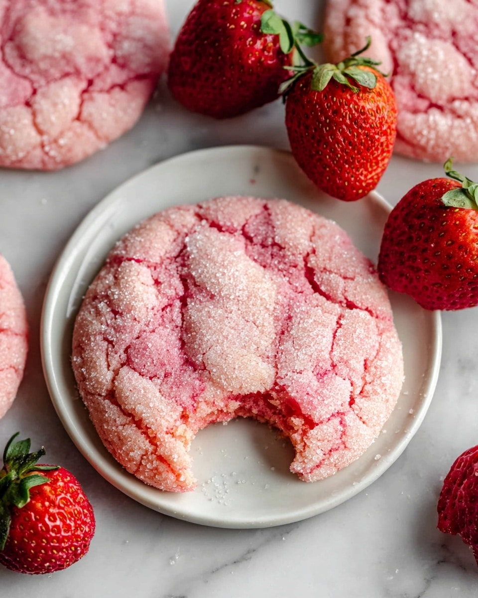 White plate filled with a full batch of vibrant pink sugar-coated strawberry cookies arranged in a rustic pattern, the cookies showing delicate cracks and sugar crystals sparkling under natural lighting, fresh whole strawberries interspersed between the cookies adding bright red and green contrast, photographed from a professional 3/4 angle on a white marble countertop, natural soft light highlighting the textures, food magazine hero shot style, photo taken with an iphone --ar 4:5 --v 7