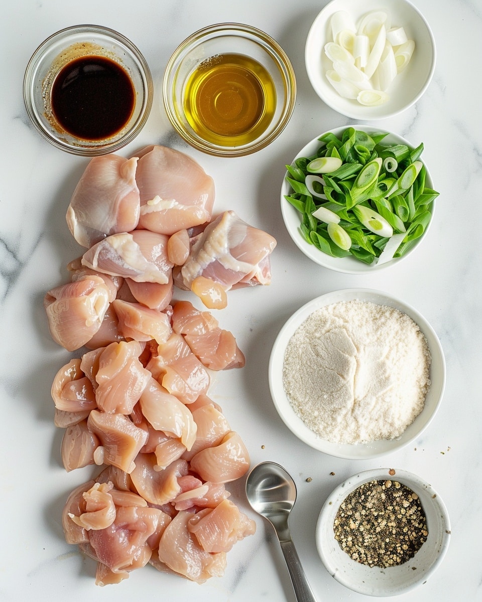 Single white plate with one generous portion of glazed chicken thighs topped with vibrant sautéed green onions and caramelized garlic pieces, close-up angle highlighting the glossy, caramelized exterior and tender juicy interior of the chicken, sprinkled with cracked black pepper for texture contrast, natural lighting emphasizing the rich golden-brown hues, placed on a white marble surface, intimate plated serving photo taken with an iphone --ar 4:5 --v 7