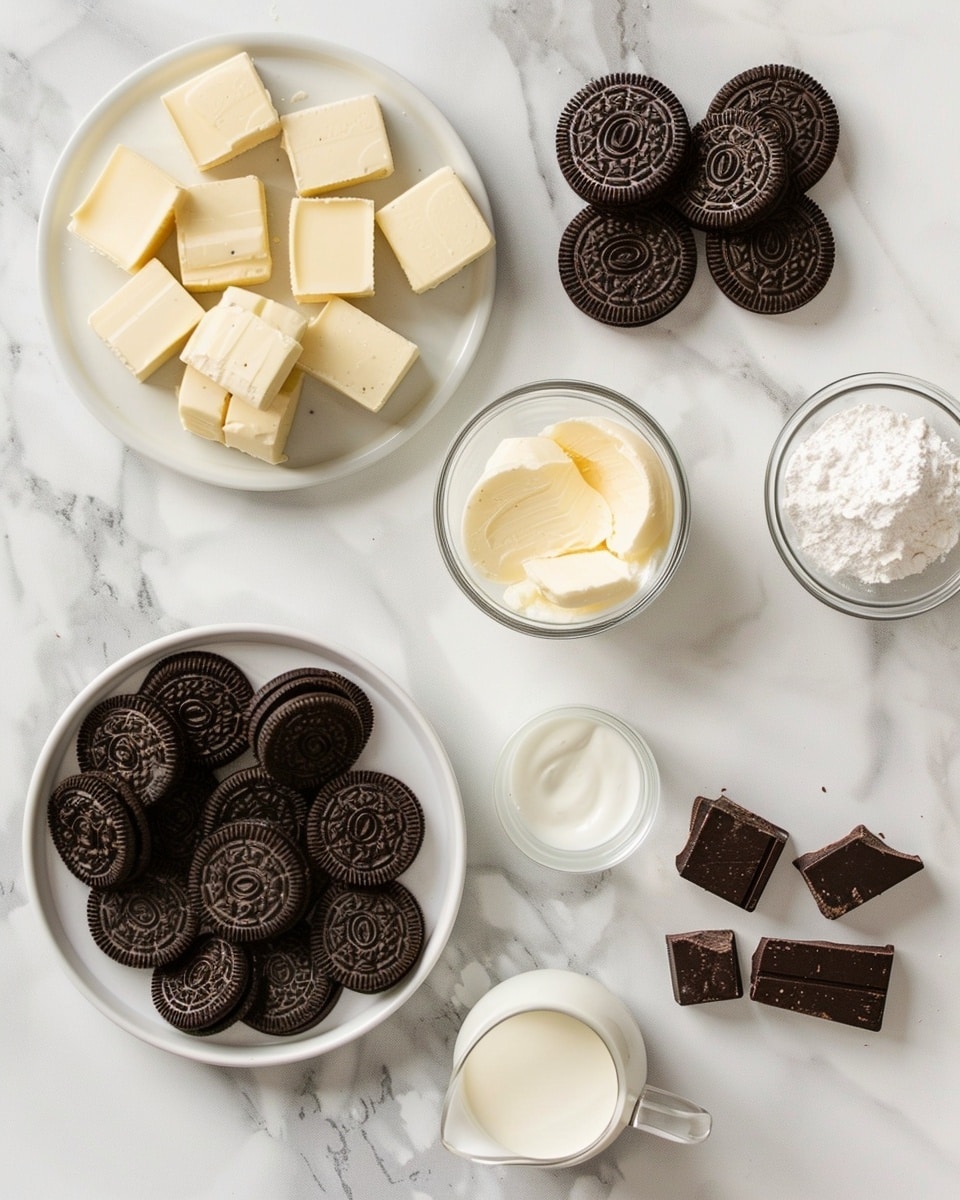 Single white plate with one slice of rich chocolate tart, revealing smooth dark chocolate ganache layered over a creamy white filling and set on a crumbly dark chocolate cookie crust, close-up angled view highlighting the creamy interior texture and dense top layer, natural daylight softly illuminating the dessert, crumbs scattered gently around the base, placed on white marble surface, intimate plated serving photo taken with an iphone --ar 4:5 --v 7