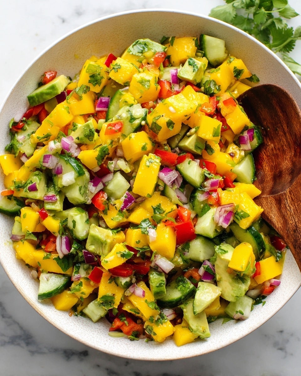 Large white bowl filled with vibrant mango salsa featuring bright yellow mango chunks, diced cucumber, creamy avocado, finely chopped red bell peppers, red onion, and fresh cilantro evenly mixed, showcasing a colorful and fresh medley, whole dish captured from a 3/4 angle on a white marble background with natural lighting, styled as a professional food magazine hero shot, photo taken with an iphone --ar 4:5 --v 7