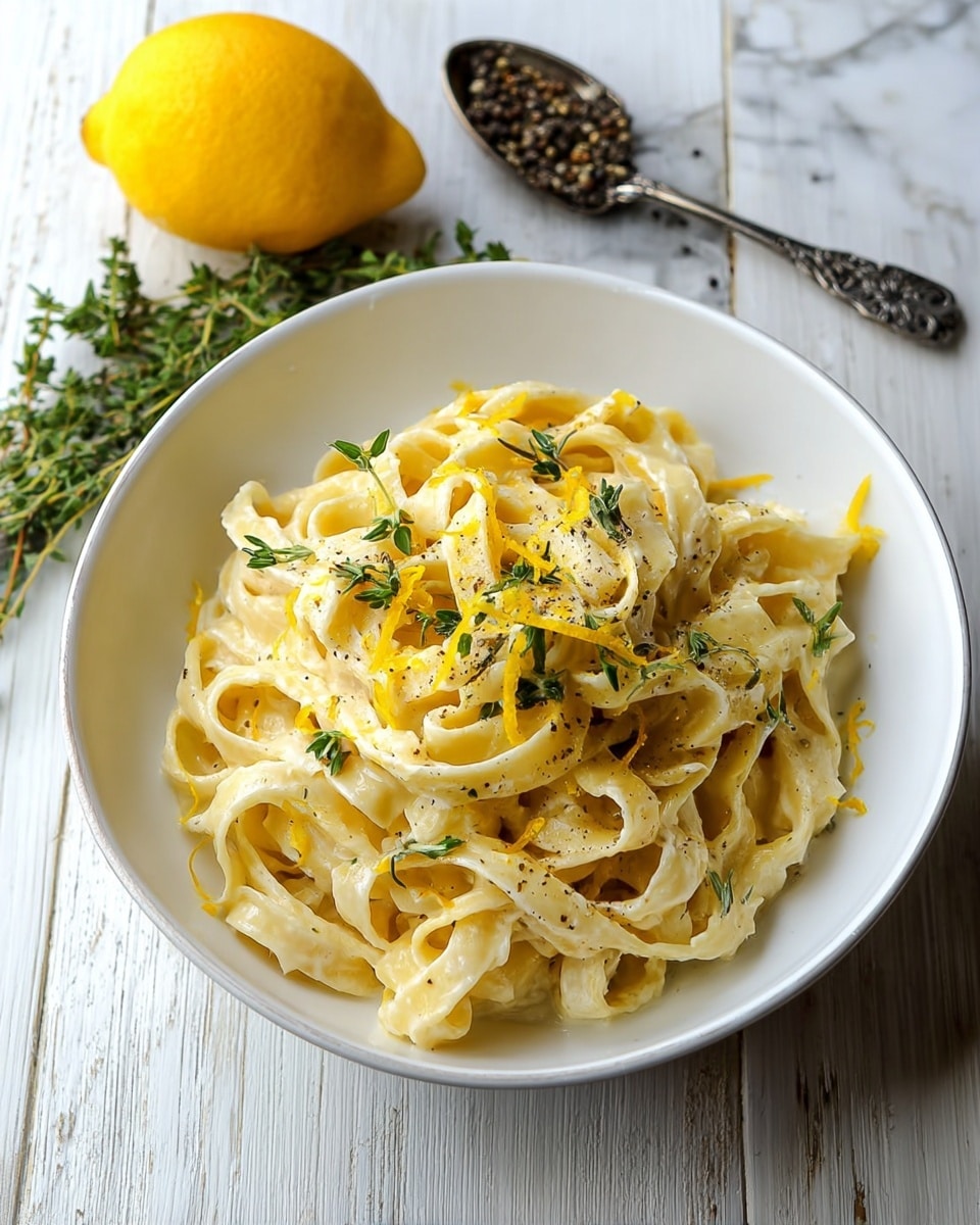 A large white shallow bowl filled to the brim with creamy fettuccine pasta coated in a smooth, rich lemon-infused sauce, garnished generously with fresh lemon zest strips, cracked black pepper, and sprigs of thyme, presented as a whole full serving, resting on a white marble countertop with natural light highlighting the glossy texture of the sauce and fresh herb details, styled like a hero shot from a food magazine, photo taken with an iphone --ar 4:5 --v 7