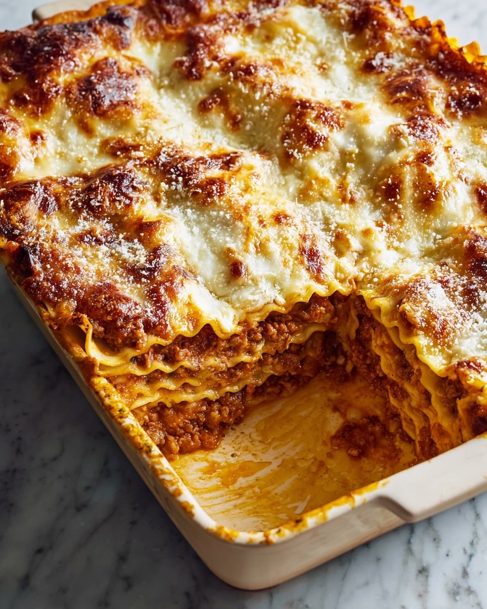 Large white ceramic baking dish filled with an entire golden-browned baked lasagna featuring layers of ruffled pasta sheets, rich meat ragù, creamy béchamel sauce, and melted mozzarella cheese bubbling on top, edges sprinkled with grated parmesan, showcasing a perfectly baked crust evenly browned under natural light, photographed from a 3/4 angle on a white marble countertop, styled like a professional food magazine hero shot, photo taken with an iphone --ar 4:5 --v 7