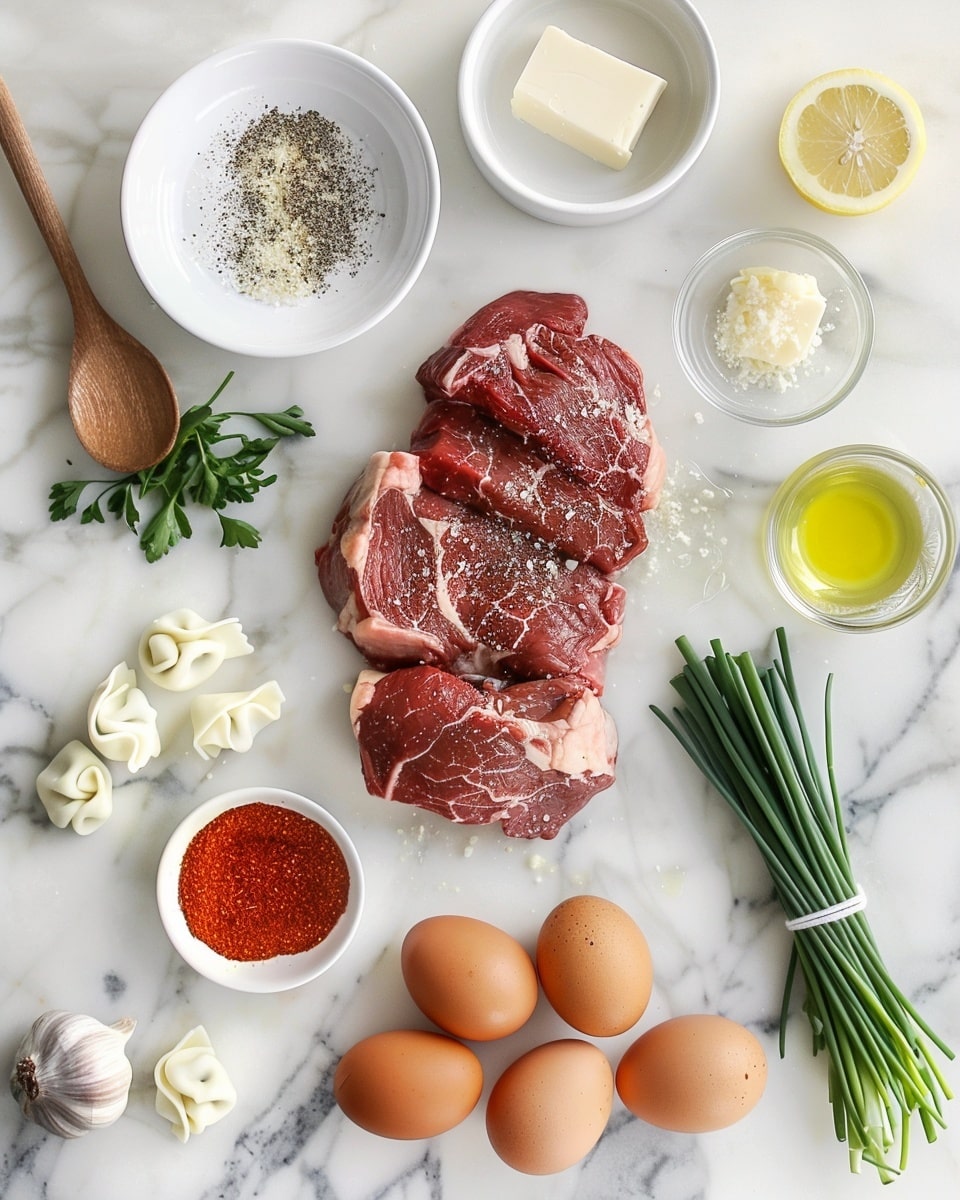 Single white plate featuring a generous plated portion of tender seared steak cubes atop a bed of cheese-filled tortellini pasta, all coated in a creamy peppercorn sauce with visible flecks of red chili and freshly chopped parsley scattered on top, close-up angled shot showcasing the rich texture of the steak's caramelized crust and the delicate folds of the pasta, set against a white marble background with natural lighting, styled as an intimate single serving from a food blog, photo taken with an iphone --ar 4:5 --v 7