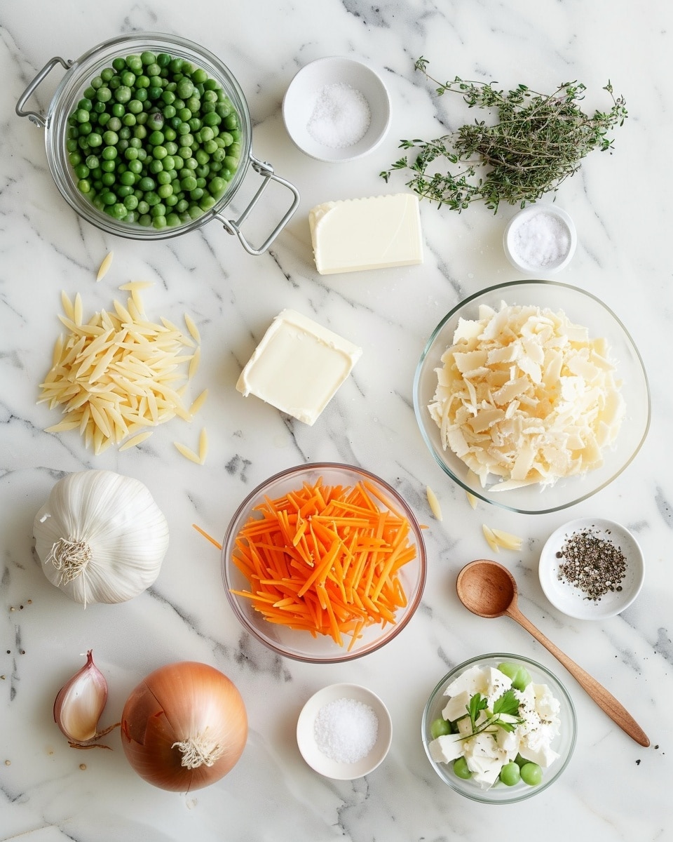Single white plate featuring a generous plated portion of creamy orzo chicken casserole showing tender pieces of shredded chicken, vibrant green peas, diced carrots, and finely chopped celery mixed evenly throughout, rich sauce coating each grain of orzo pasta in a close-up angled shot that highlights the moist texture and layers of vegetables, chicken, and pasta, set on a pristine white marble surface under natural light, styled like a comforting food blog serving ready to enjoy, photo taken with an iphone --ar 4:5 --v 7