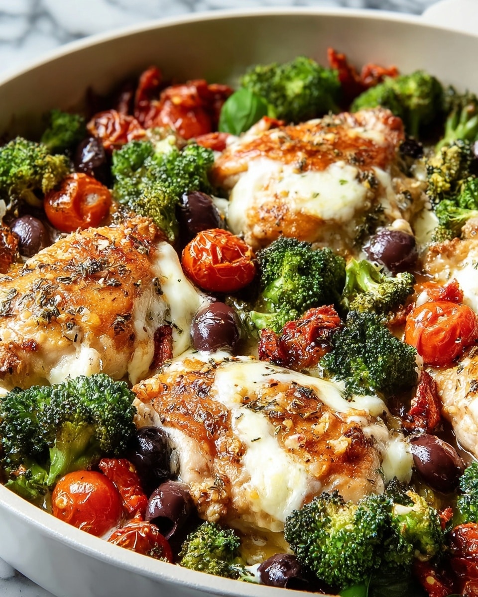Large white ceramic baking dish filled with a whole roasted chicken and vegetable medley, featuring perfectly browned whole chicken thighs topped with melted mozzarella cheese, surrounded by vibrant green broccoli florets, whole roasted cherry tomatoes, sun-dried tomatoes, and whole black olives, seasoned with herbs and spices, presented in an appealing and abundant manner, photographed at a 3/4 angle on a white marble countertop with natural lighting, professional food magazine hero shot, photo taken with an iphone --ar 4:5 --v 7