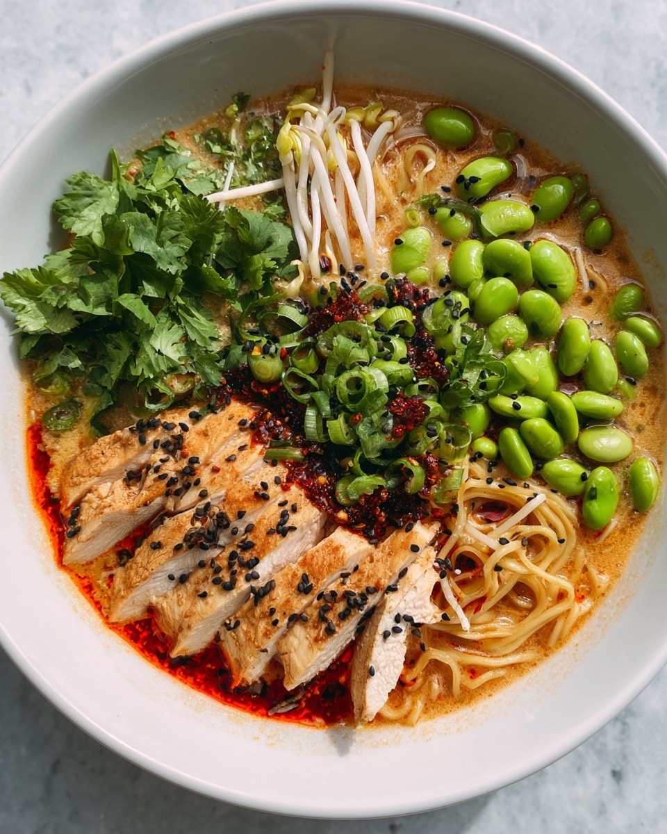 Large white bowl filled with creamy spicy ramen soup, featuring a generous amount of whole noodles submerged in rich broth, topped with neatly arranged slices of golden-brown chicken, fresh green edamame beans, crisp bean sprouts, chopped scallions, and a vibrant heap of cilantro leaves, garnished with black sesame seeds and spicy chili flakes artfully scattered across the dish, photographed from above on a white marble surface, professional food styling with natural lighting, photo taken with an iphone --ar 4:5 --v 7