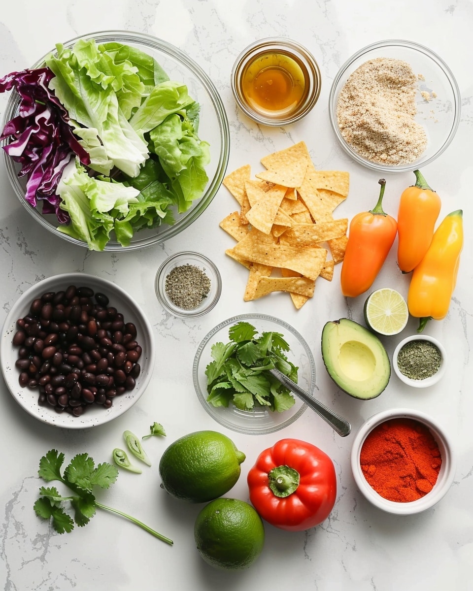 Single white bowl with a plated serving of grilled, sliced chicken breast arranged over a bed of fresh chopped romaine lettuce, colorful layers of bright yellow corn kernels, black beans, halved cherry tomatoes, sliced red onions, avocado halves, and crispy tortilla strips, all lightly drizzled with creamy chipotle sauce, close-up angled shot emphasizing the juicy texture of the chicken and fresh vibrant vegetables, garnished with cilantro leaves, placed on white marble surface, styled food blog presentation photo taken with an iphone --ar 4:5 --v 7