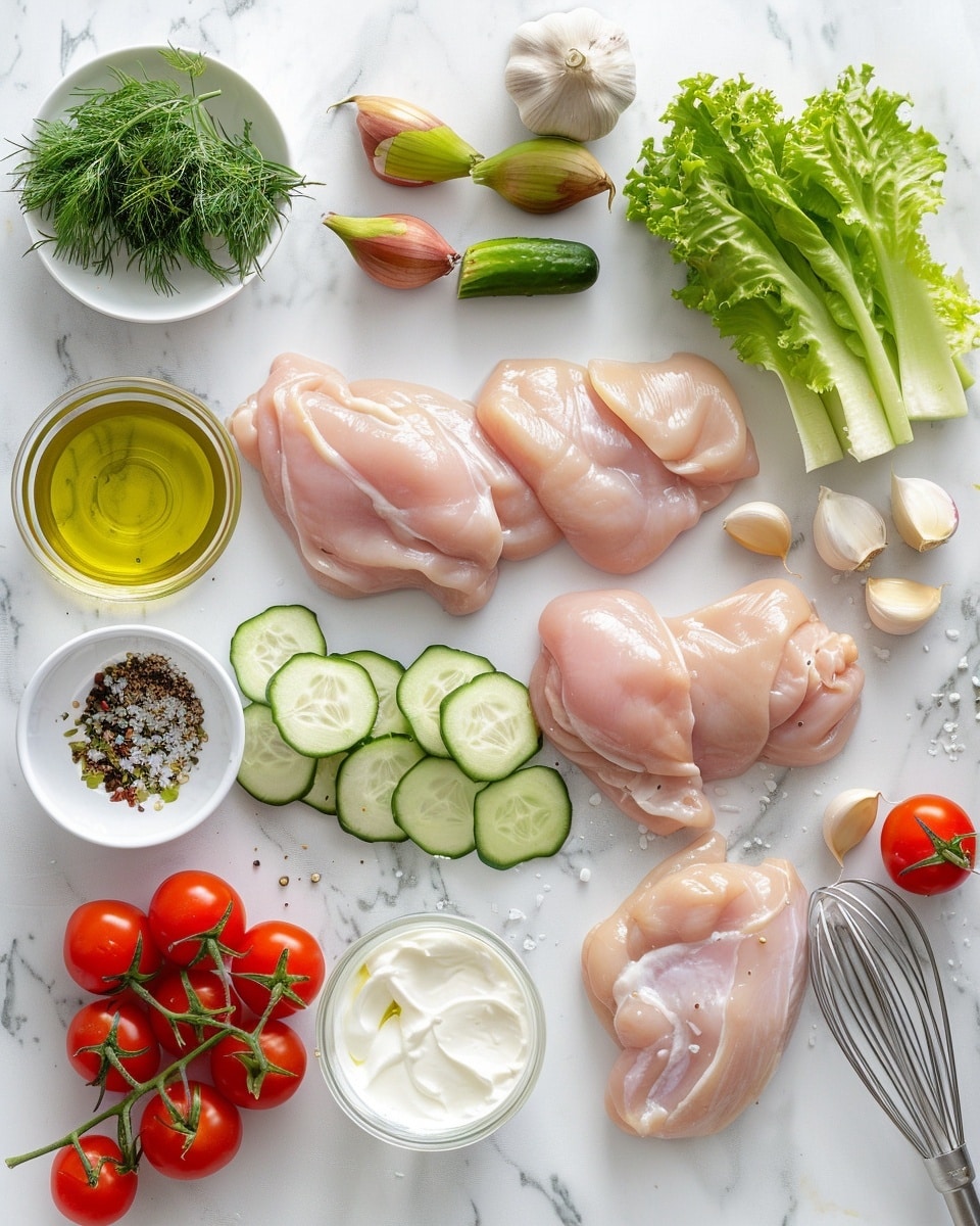 Single white bowl with a neatly arranged portion of grilled herb-seasoned chicken slices alongside fresh chopped cucumber, diced red onion, halved cherry tomatoes, and a generous dollop of creamy tzatziki sauce, topped with crumbled feta cheese, all resting on a bed of crisp mixed greens, close-up angled shot revealing the juicy interior texture of the chicken and the fresh, vibrant vegetables, set on a white marble surface with natural lighting, styled like a food blog serving photo taken with an iphone --ar 4:5 --v 7