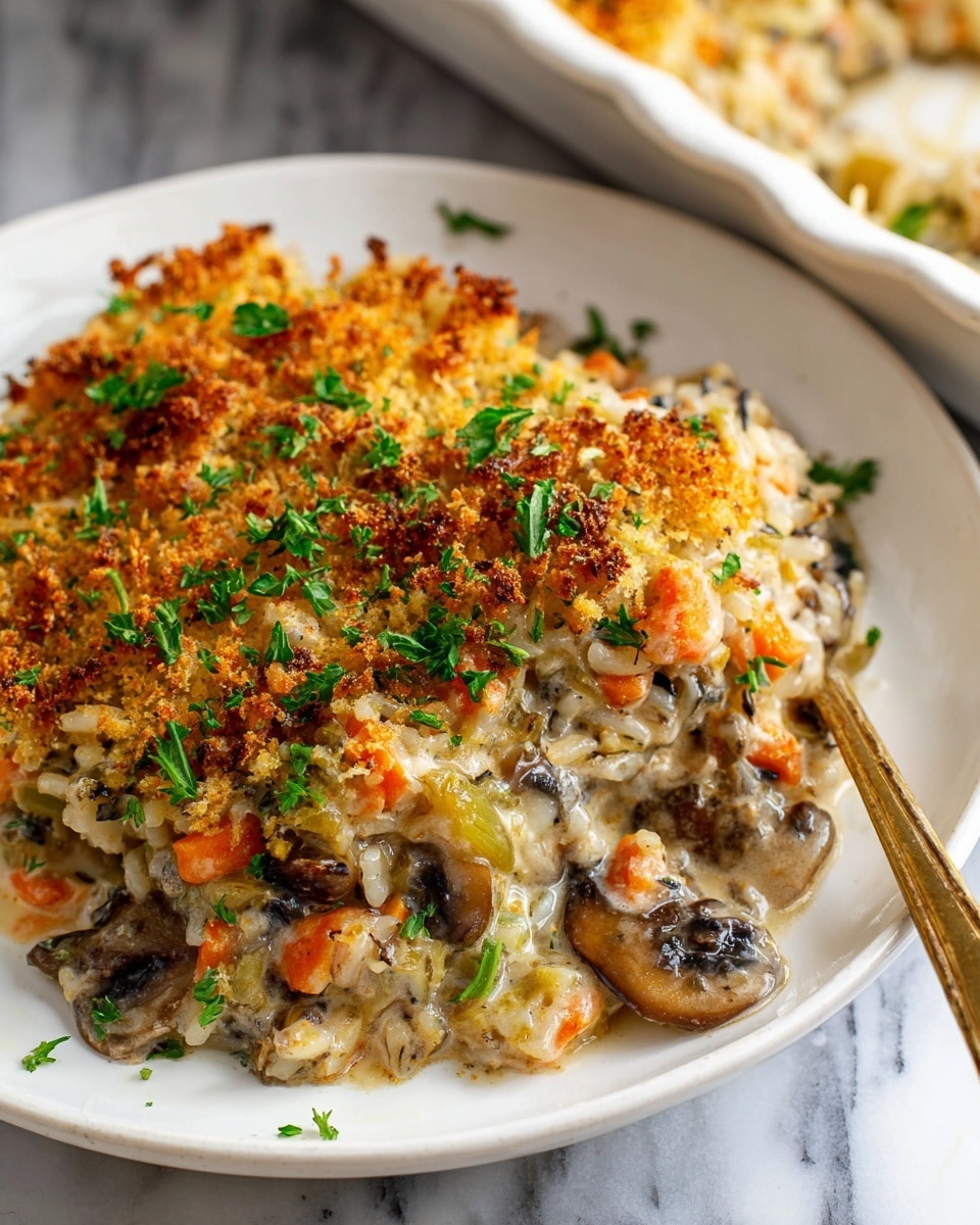 Large white rectangular baking dish filled with a creamy wild rice casserole, featuring a golden crispy breadcrumb and herb topping, visible chunks of tender chicken, diced carrots, celery, and mushrooms mixed throughout a rich, cheesy sauce, whole dish shown with a rustic gold serving spoon partially dipped in, photographed from a 3/4 angle on a white marble countertop with natural lighting, professional food styling photo taken with an iphone --ar 4:5 --v 7