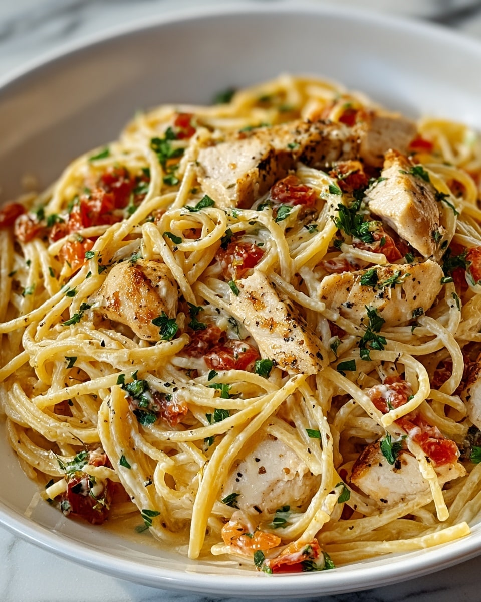 Large white serving bowl filled with a generous portion of creamy chicken alfredo pasta, featuring whole strands of spaghetti tossed with tender grilled chicken pieces, diced tomatoes, finely chopped fresh parsley, and creamy sauce, garnished with black pepper and herbs, presented as a full, unserved, complete dish, photographed from a 3/4 angle on a white marble countertop with natural lighting, professional food styling photo taken with an iphone --ar 4:5 --v 7