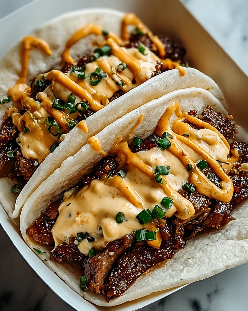 A white corn tortilla holds a base layer of dark brown, textured shredded meat. On top of the meat is a glistening orange sauce that looks thick and sticky, spreading unevenly across the surface. Drizzled over this sauce are light tan, creamy sauce lines, zigzagging from one side to the other. Small fresh green chopped herbs are sprinkled over the sauces, adding bright pops of color. The background shows a white marbled texture. photo taken with an iphone --ar 4:5 --v 7