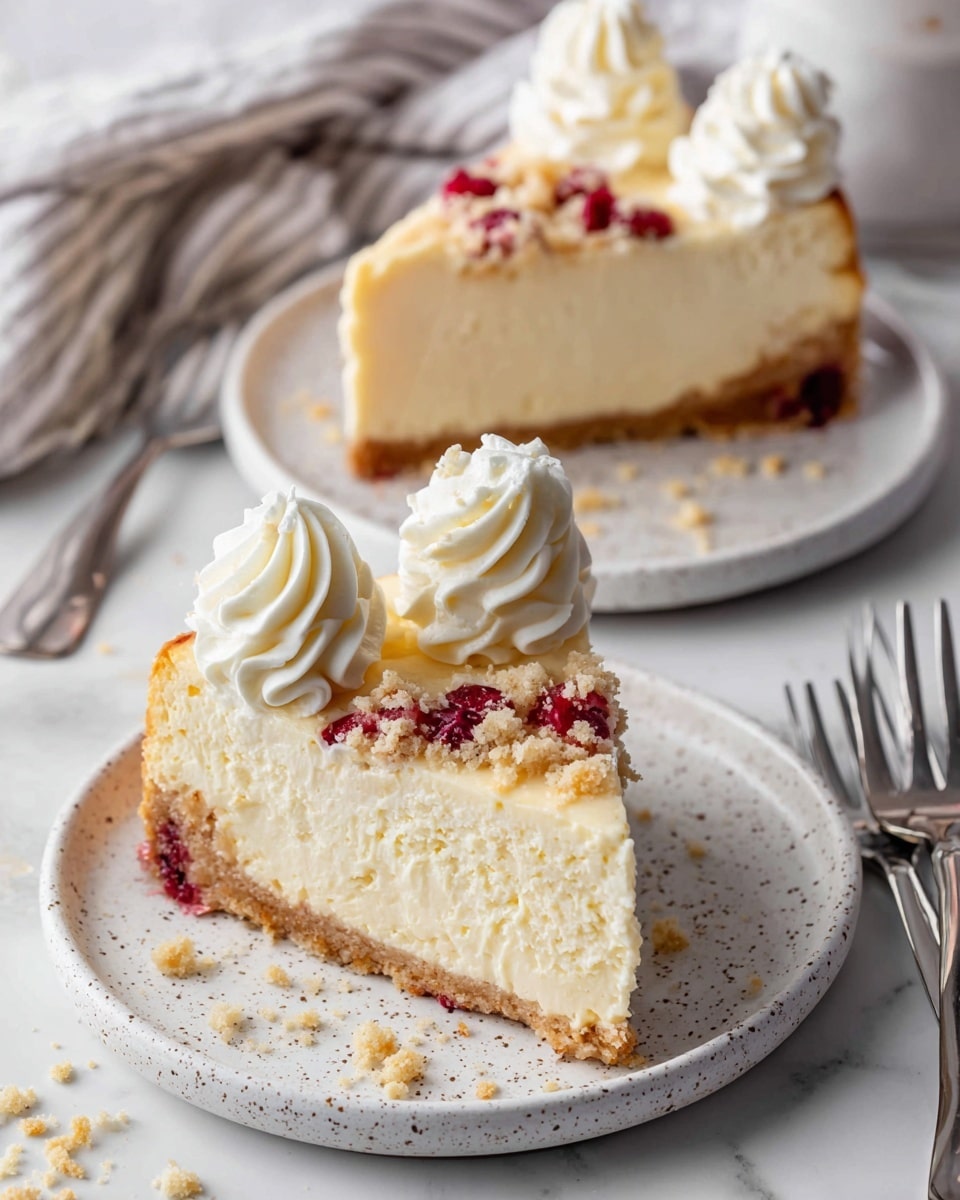 The image shows two slices of a creamy cheesecake on white speckled plates, each slice with three main layers: a light brown crust at the bottom, a thick pale yellow cheese layer in the middle, and a crumbly topping with small bits of red fruit scattered on top. Each slice is decorated with two large swirls of smooth white whipped cream, one on top of the slice's pointed end and one on the side on the plate. The plates rest on a white marbled surface with some white crumbs around them, and there are two silver forks placed next to the plates. In the background, a soft, folded striped cloth is visible. photo taken with an iphone --ar 4:5 --v 7