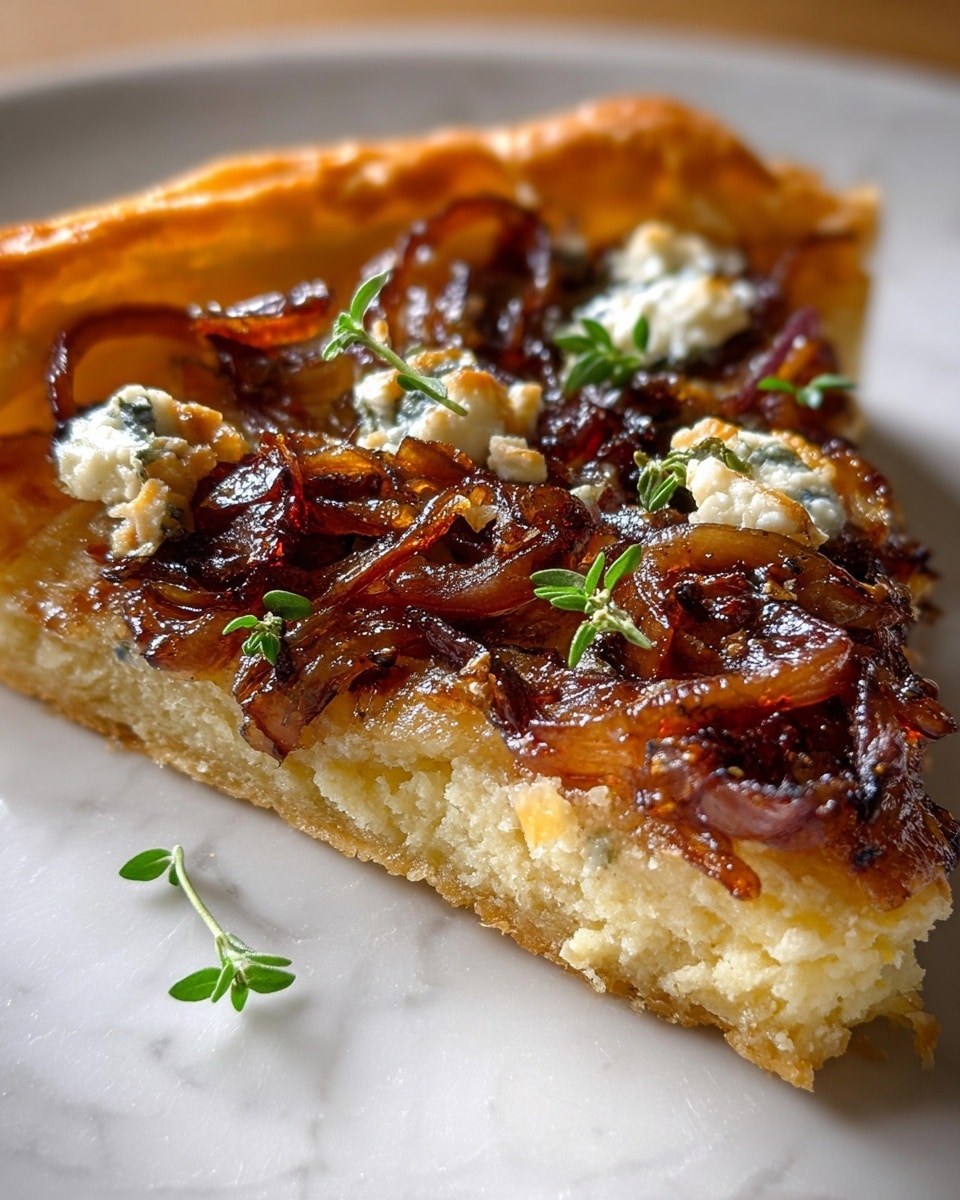 The image shows a round tart with a golden, flaky crust that forms the base and crimped edges. On top, there is a thick layer of caramelized, soft brown onions spread evenly across the surface. Small dollops of white, crumbly cheese are scattered on top of the onions, adding contrast. Fresh green thyme leaves are sprinkled over the whole tart, giving it a fresh touch. One slice is slightly pulled out, showing the airy, layered texture of the crust. The tart is placed on a white plate, set on a white marbled surface. photo taken with an iphone --ar 4:5 --v 7