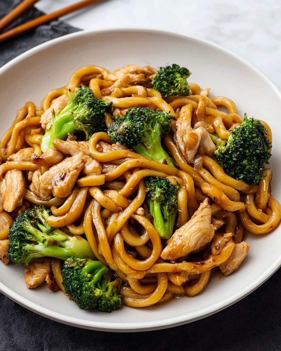 A white bowl filled with thick yellow noodles at the bottom, topped with many pieces of brown glazed chicken mixed with green onion pieces, all coated in a shiny sauce with black sesame seeds on top. On the left side of the bowl, there are three bright green broccoli florets, adding a fresh contrast. The bowl is placed on a white marbled surface with wooden chopsticks resting at the top edge. photo taken with an iphone --ar 4:5 --v 7