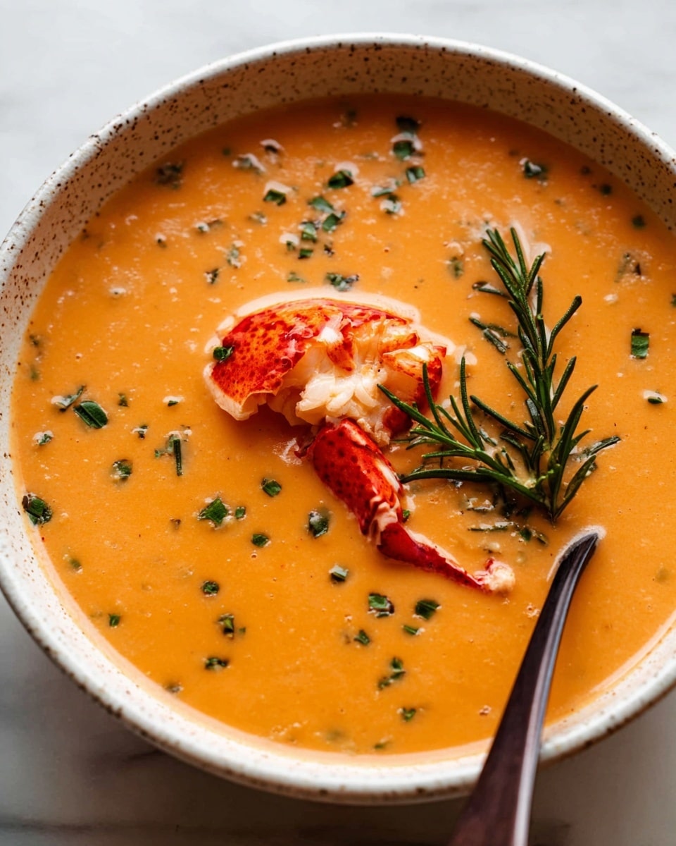 A creamy orange soup fills a speckled white bowl, smooth in texture and topped with small green herb pieces scattered softly on the surface. In the middle, there is a curved piece of lobster meat with a red and white color, partially submerged in the soup. A sprig of dark green rosemary lies alongside the lobster, adding contrast and detail. A dark spoon rests inside the bowl on the right side, partially dipped into the soup. The bowl is placed on a white marbled surface. photo taken with an iphone --ar 4:5 --v 7