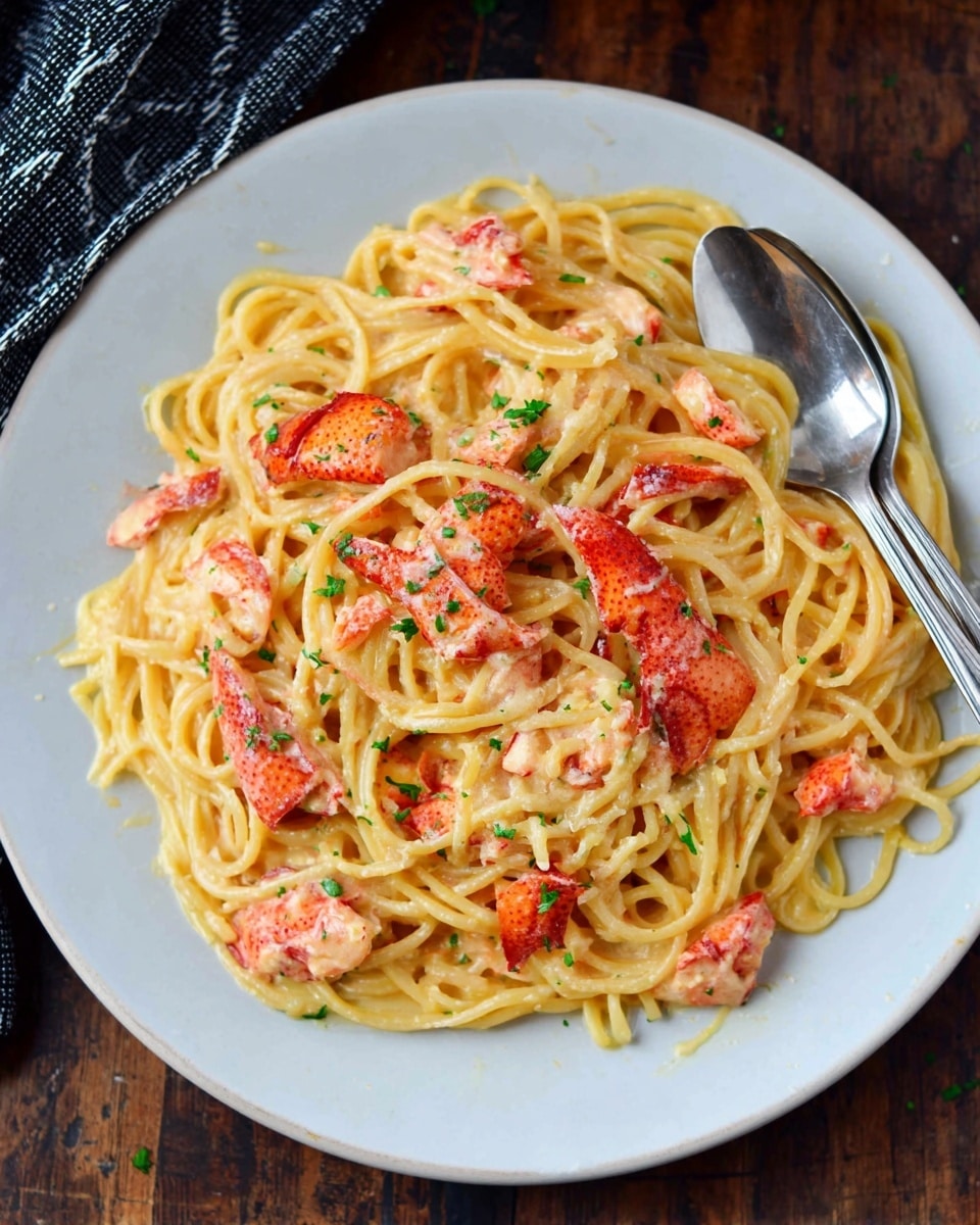 The image shows a close-up of a plate filled with creamy yellow pasta noodles at the bottom layer, soft and slightly twisted, topped with bright orange lobster pieces that have a glistening, slightly oily texture scattered evenly over the pasta, showing small bits of green herbs sprinkled lightly. The plate is white with a thin dark rim around it, placed on a white marbled surface, with a cozy and warm look. photo taken with an iphone --ar 4:5 --v 7