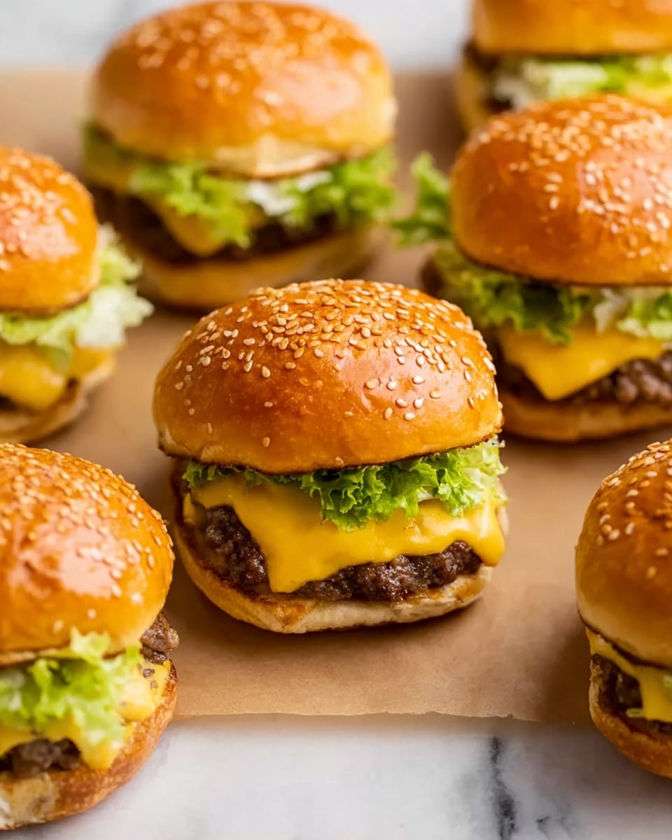 A close-up of a cheeseburger slider with four layers visible, placed on a white plate on a white marbled surface; the bottom layer is a soft, light golden bun, followed by slices of green pickles and a grilled dark brown beef patty, topped with melted bright yellow cheese that drips slightly over the meat, then fresh light green shredded lettuce, and finished with a top golden brown sesame seed bun that looks soft and slightly shiny; two blurred cheeseburger sliders are in the background. photo taken with an iphone --ar 4:5 --v 7