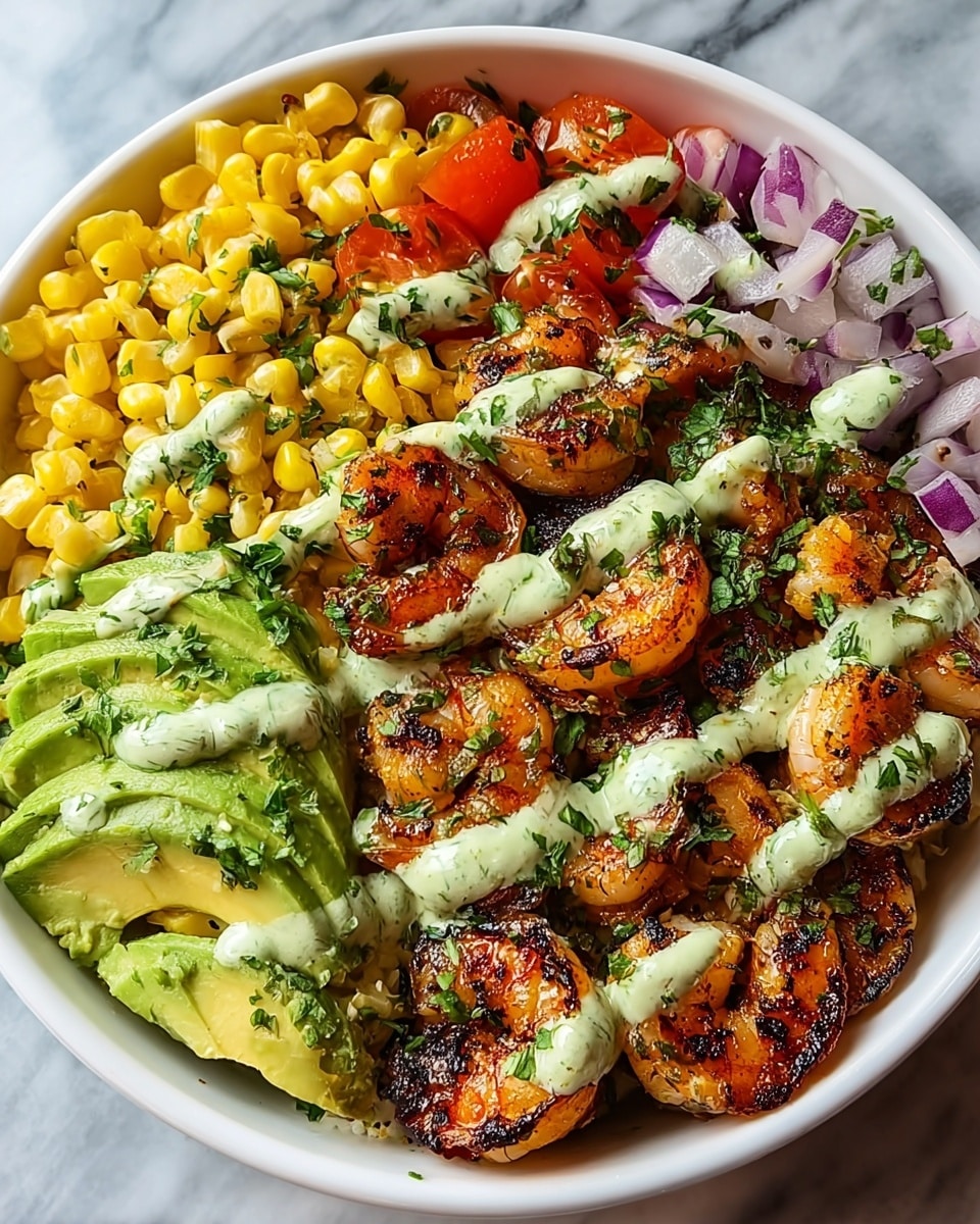 A white bowl filled with colorful layers starting from the bottom with bright yellow corn kernels, topped with a mound of grilled shrimp in the center, showing charred black and orange textures. On the right side of the shrimp, there is a half avocado with green flesh drizzled with light creamy sauce. At the back, there's a mix of finely chopped red onion, red pepper, and green herbs adding a splash of color. The shrimp and avocado are sprinkled with fresh green cilantro, all drizzled with a light greenish creamy sauce. The bowl sits on a white marbled surface. Photo taken with an iphone --ar 4:5 --v 7