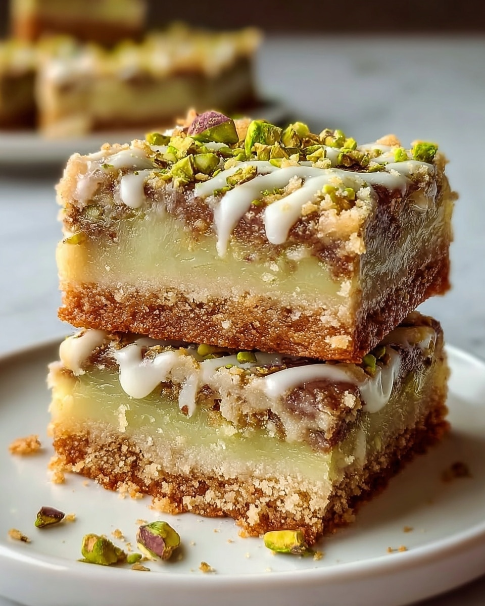 Two square bars stacked on top of each other show three visible layers. The bottom layer is dense and light brown with a crumbly texture. The middle layer is smooth and green, thick and even across the bars. The top layer is a rough mix of light brown with scattered small white and green pieces, giving a slightly crunchy look. The bars rest on a white plate that sits on a white marbled surface. The photo taken with an iphone --ar 4:5 --v 7