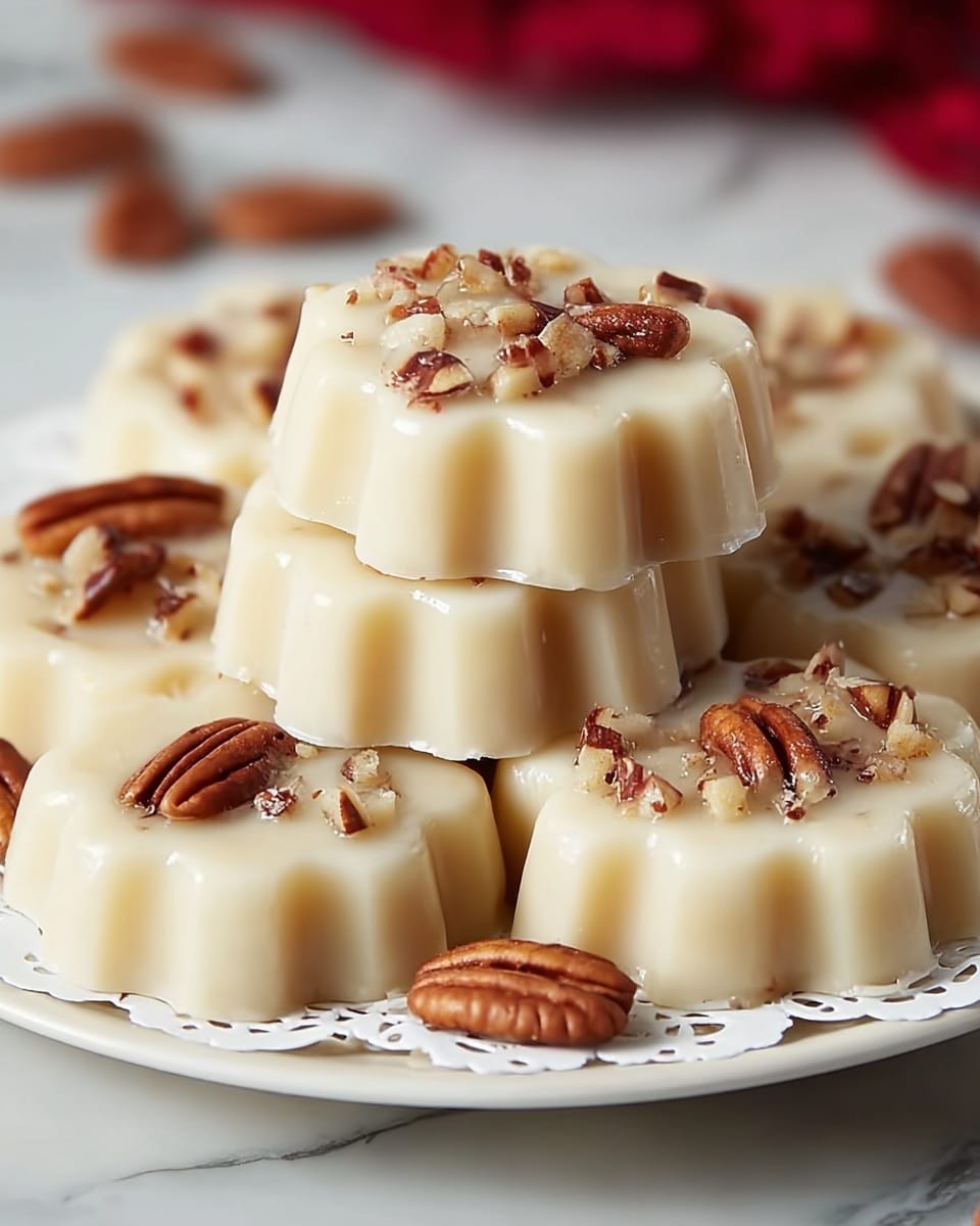 The image shows a white plate holding six round-shaped creamy beige treats with scalloped edges, stacked in a small pile. Each treat has small pieces of chopped pecans embedded on the top, adding a rough texture and a darker brown contrast to the smooth, light beige surface. Around the plate, a few whole pecans are placed, giving a rustic feel. The plate rests on a wooden surface, but the background is changed to a white marbled texture. The treats appear dense and slightly shiny, showing a soft and smooth finish with a firm shape. Photo taken with an iphone --ar 4:5 --v 7