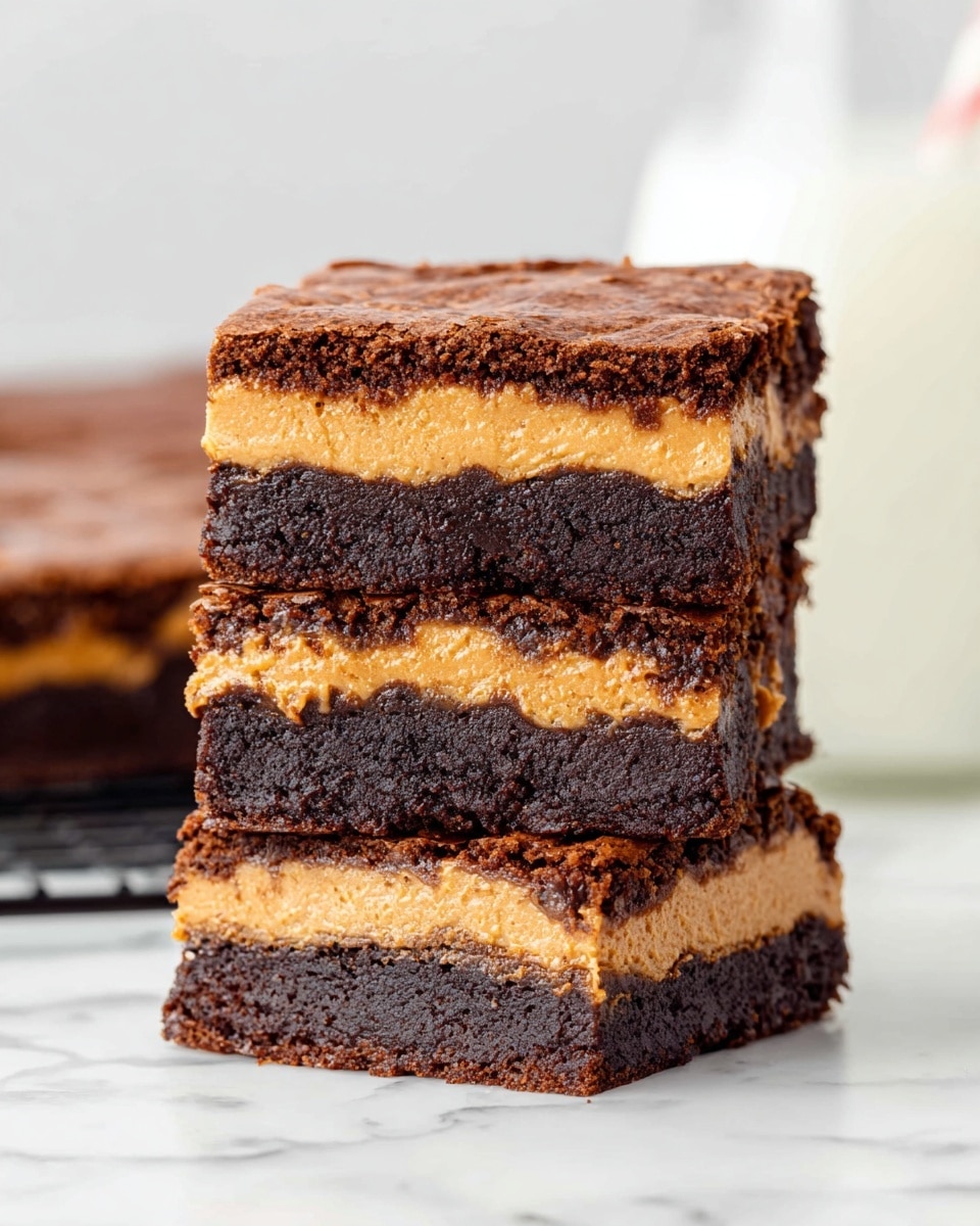 The image shows a stack of five square bars on a white plate. Each bar has three visible layers: a top and bottom layer of dark brown, fudgy chocolate texture with a slightly cracked surface, and a thick middle layer of creamy, light brown peanut butter filling. The bars are stacked in a way that the edges align, creating a neat pile with clear separation between each layer. In the foreground, there is a blurred spoon with a dollop of peanut butter on a white marbled surface. The background is bright with white tiles giving a clean and simple setting. Photo taken with an iphone --ar 4:5 --v 7