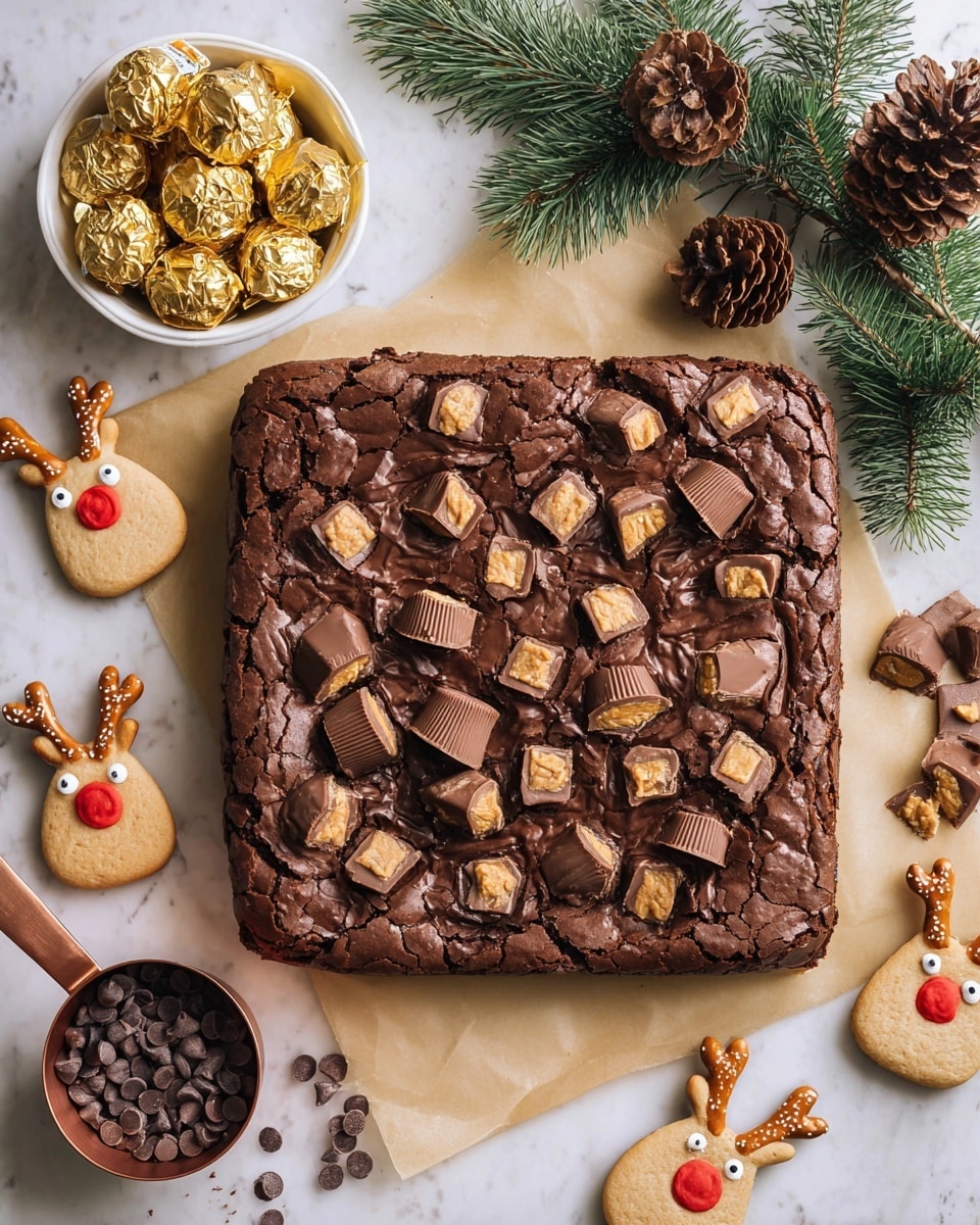 A single square brownie sits on light brown parchment paper over a white marbled surface. The bottom layer is thick and dark brown with a rich, slightly crumbly texture. On top, there is a layer of peanut butter cups, broken into pieces, showing a creamy light brown inside and a milk chocolate coating on the outside. The peanut butter cups are partially melted, with chocolate draping slightly over the brownie edges, giving a glossy finish. The background is softly blurred with more brownies visible but out of focus, photo taken with an iphone --ar 4:5 --v 7