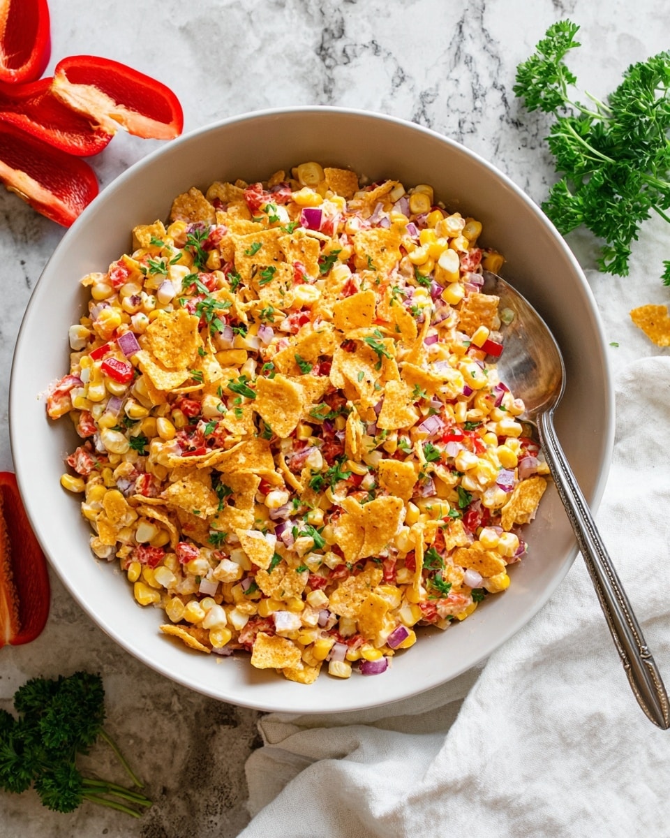 A large white bowl filled with a colorful salad made of three main layers mixed together: the first layer shows bright yellow corn kernels, the second layer contains small chopped red bell peppers and red onions, and the third layer has light orange shredded cheese and crunchy corn chips scattered throughout. Fresh green parsley leaves are sprinkled on top as a garnish. A silver spoon rests inside the bowl on the right side. The bowl sits on a white marbled surface with a white cloth to the right and some red bell pepper halves and parsley sprigs on the left. Photo taken with an iphone --ar 4:5 --v 7