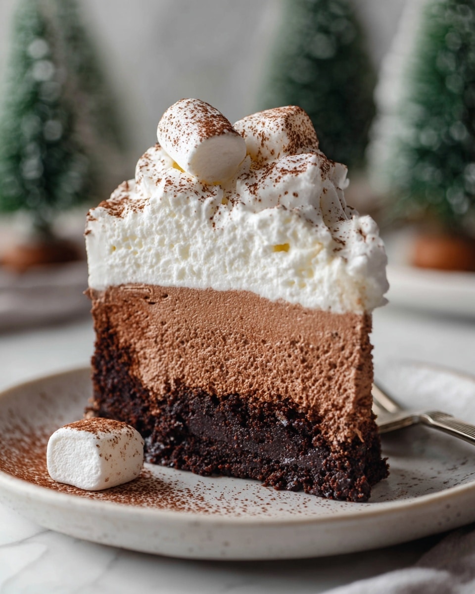 A round cake with three distinct layers sits on a white marbled board. The bottom layer is thick and dark brown with a rough texture, looking like a chocolate crust. The middle layer is a slightly lighter brown, smooth and firm. The top layer is a fluffy white cream spread unevenly and topped with seven white marshmallows dusted with dark brown cocoa powder. Small cocoa powder sprinkles scatter on the board around the cake, and two marshmallows lie on the board to the right. The background shows small green tabletop pine trees and a bowl with white marshmallows on a white marbled surface. photo taken with an iphone --ar 4:5 --v 7