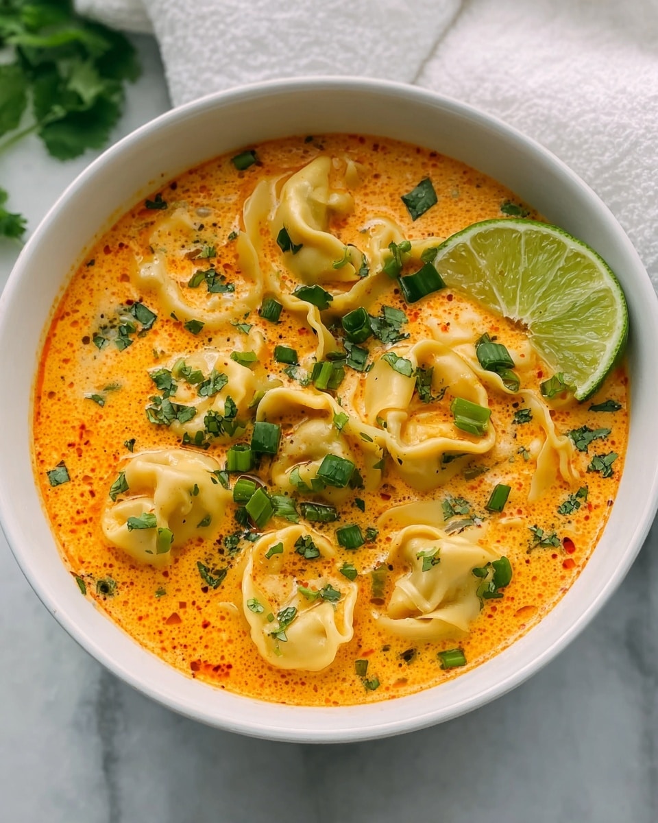 A white bowl filled with a creamy orange soup that has visible red spices, containing several light beige tortellini pasta pieces that show soft, folded edges. The soup is topped with bright green chopped herbs and small green onion pieces scattered across the surface. A fresh lime wedge rests on the soup's right side, adding a burst of green and texture contrast. The bowl sits on a white marbled surface with a white towel slightly visible in the background. Photo taken with an iphone --ar 4:5 --v 7