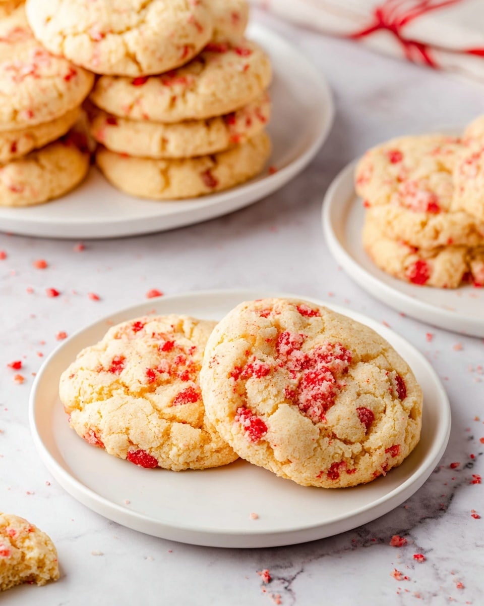 The image shows several soft cookies with small bright red bits spread evenly throughout. Two cookies lie on a plain white plate in the front, showing a slightly cracked, rough texture and a light golden color with red chips inside. Behind them, a stack of similar cookies is piled on another white plate that is slightly larger, creating a layered look of multiple cookies on the plate. To the side, part of another white plate with one cookie is visible, and there are cookie crumbs scattered on a white marbled surface under the plates. The red bits create a nice contrast against the pale cookie dough. photo taken with an iphone --ar 4:5 --v 7