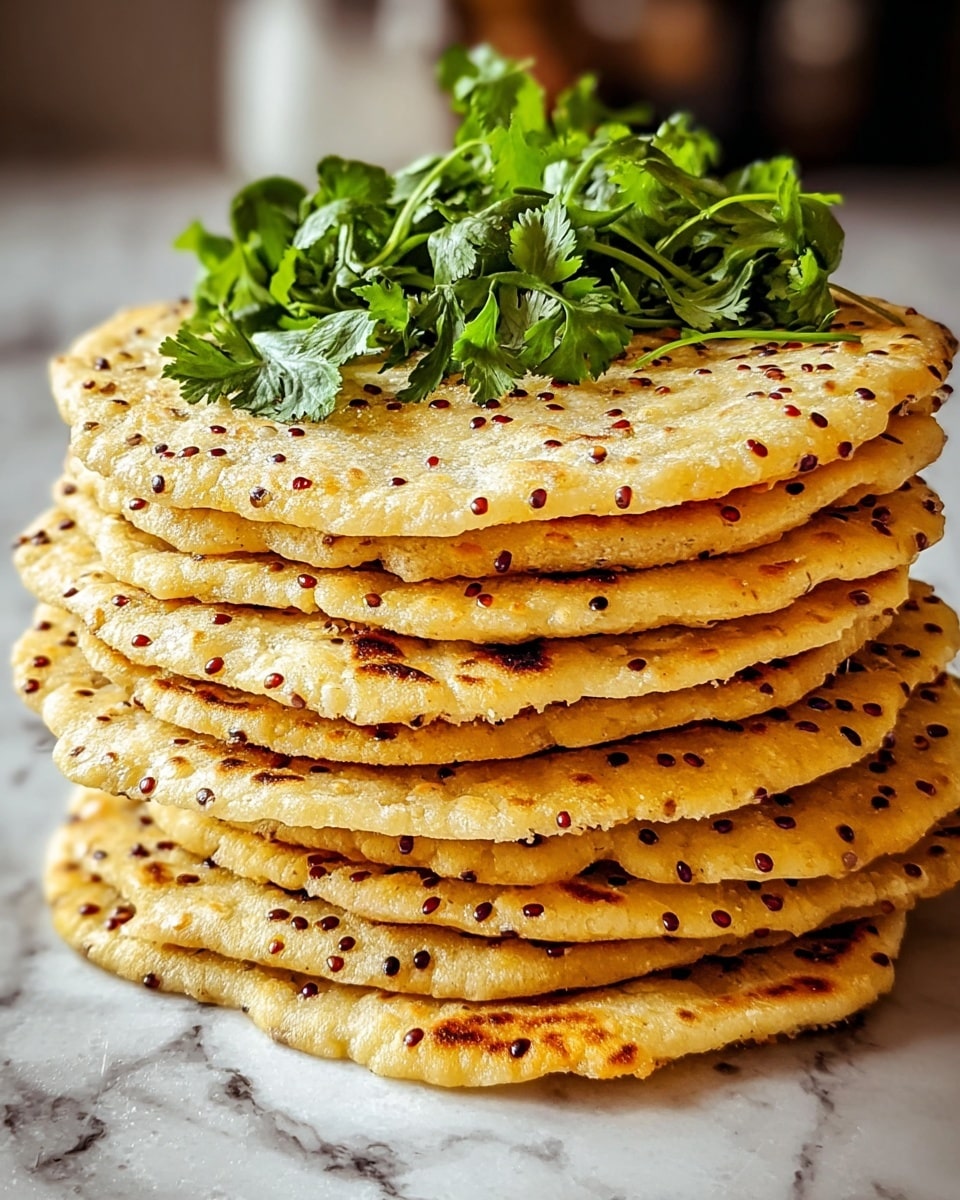 A tall stack of seven round, flat breads with a golden-yellow color and dark brown char marks sits centered on a wooden board. The breads have small grains or seeds embedded across their surfaces, adding texture. On top of the stack, there is a bunch of fresh green herbs, possibly parsley, providing a bright contrast to the warm colors of the breads. The background is softly blurred, showing a kitchen setting with warm wooden cabinets and white marble texture beneath the board. The photo taken with an iphone --ar 4:5 --v 7