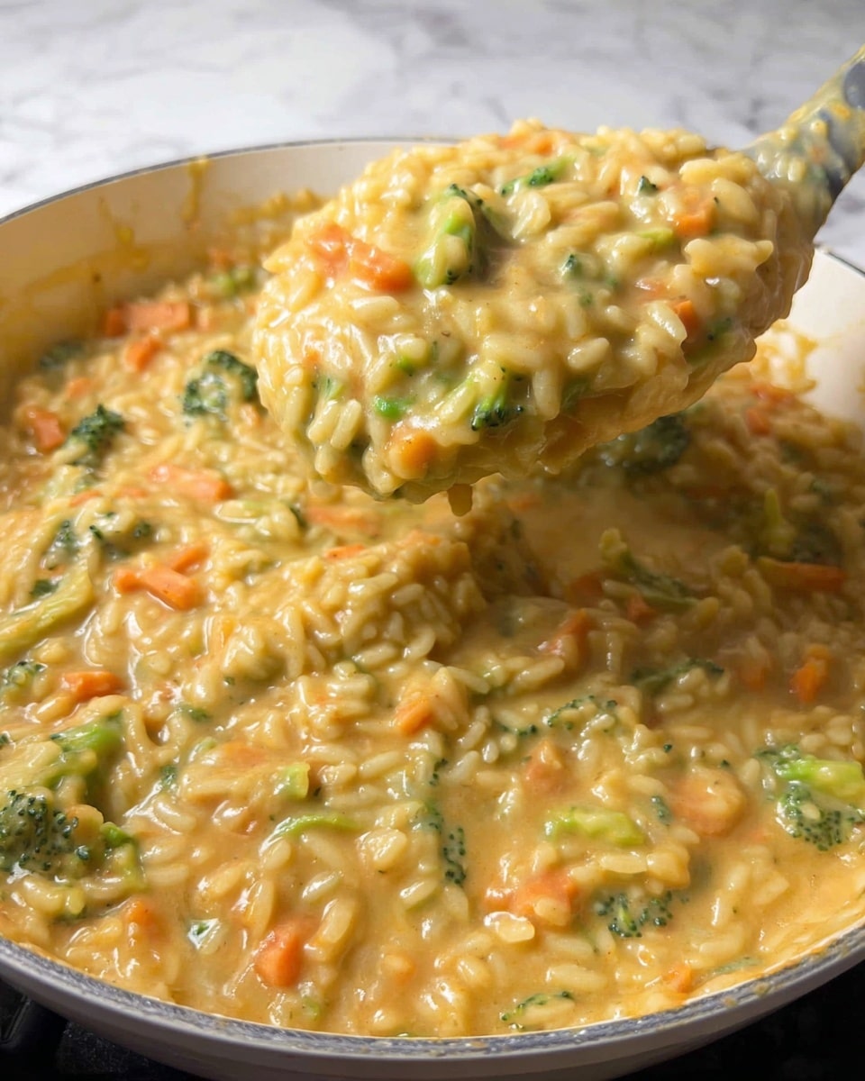 The image shows a white skillet full of creamy yellow-orange rice mixed with small pieces of green broccoli and orange carrots. The rice is covered in a shiny sauce that makes it look thick and smooth. A spatula lifts a big spoonful of the rice mix, displaying the layers where the rice grains are soft and coated well in the sauce, and the vegetables are scattered evenly throughout. The background is a white marbled texture photo taken with an iphone --ar 4:5 --v 7