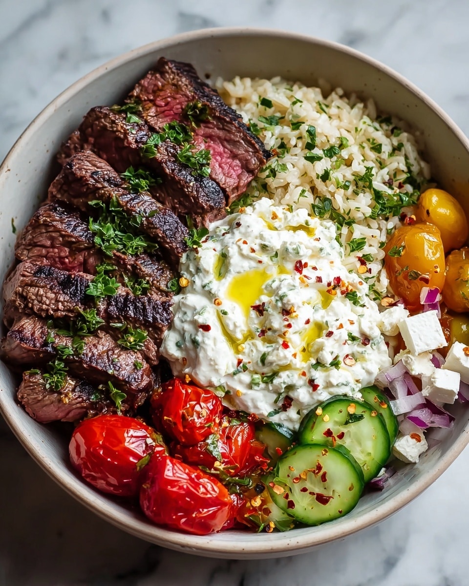 A white bowl is filled with layers of colorful ingredients, starting with a base of light brown cooked grains on the left side. On top of the grains near the bottom left, there are slices of grilled steak with a dark brown sear and pink inside, scattered with green herb bits. Next to the steak are bright red and yellow cherry tomato halves, some light green cucumber slices topped with red chili flakes and green herbs on the right side. In the center, there is a dollop of white creamy yogurt mixed with herbs, surrounded by small chunks of white cheese and purple-red cooked onion slices near the top. The bowl sits on a white marbled surface. Photo taken with an iphone --ar 4:5 --v 7