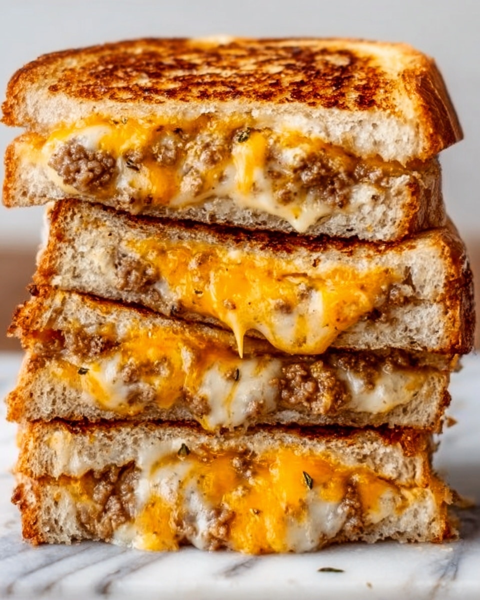 The image shows a close-up of a grilled sandwich cut in half and stacked. Each sandwich half has three visible layers: the top and bottom are golden-brown toasted bread with a crispy texture, the middle layer is cooked ground meat with a crumbly, juicy look and a dark brown color, and between the bread and meat layers, thick white melted cheese is oozing out, soft and smooth in texture. The scene is set on a white marbled surface with warm lighting that highlights the sandwich’s crisp edges and the creamy cheese stretching between the layers photo taken with an iphone --ar 4:5 --v 7